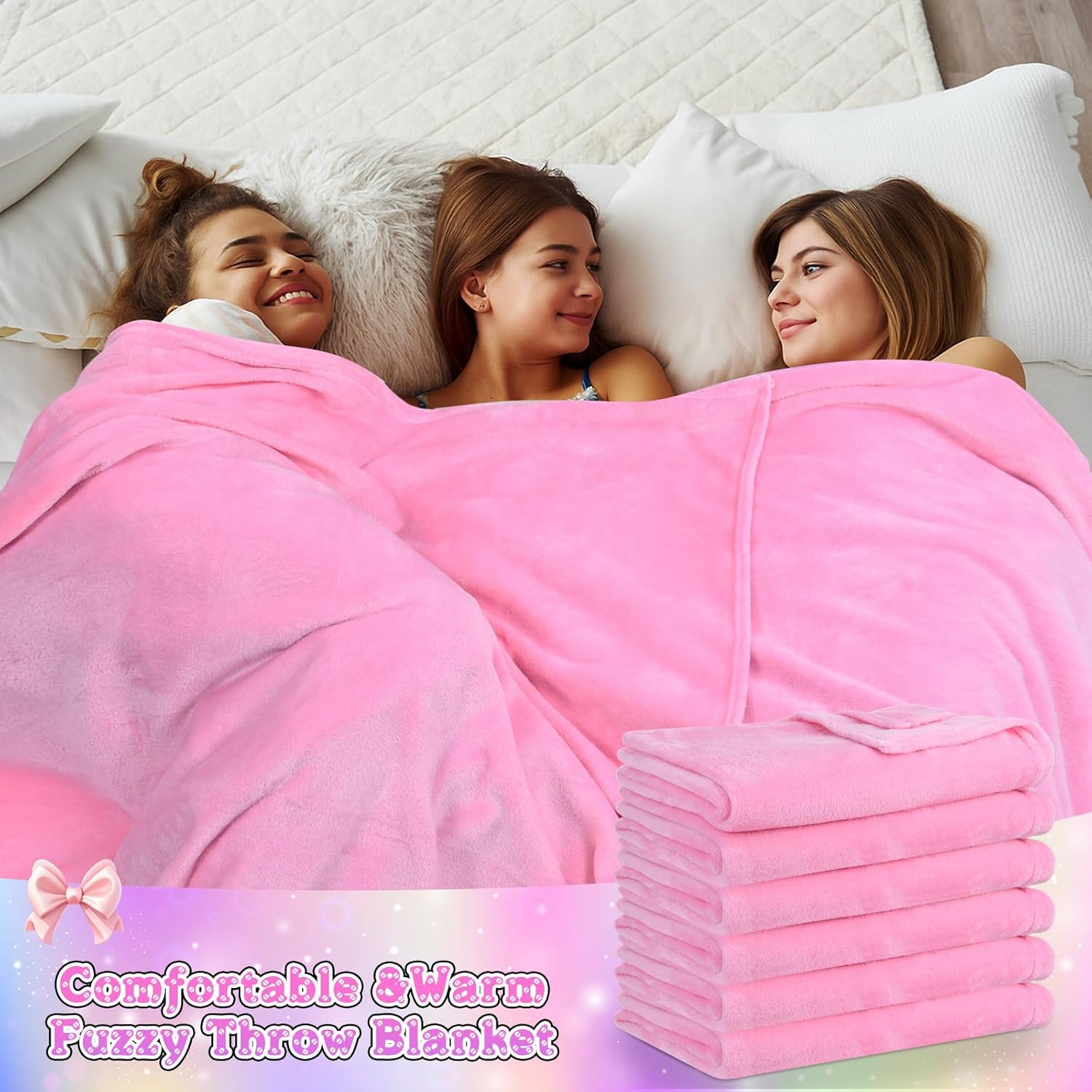 Tegeme 24 Pcs Pink Spa Sleepover Party Supplies 6 Fuzzy Throw Blanket 6 Coral Fleece Headband 6 Eye Mask Covers 6 Gift Bags for Galentines Slumber Sleepover Spa Party Gift(Pink)