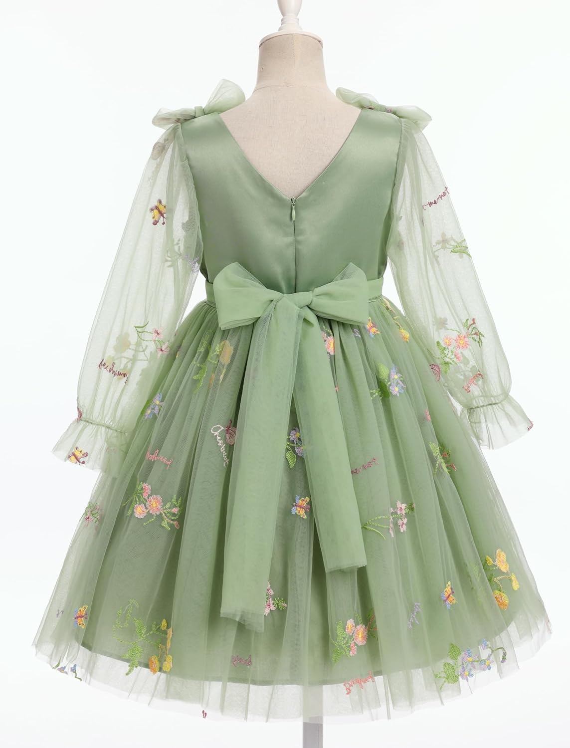 IMEKIS Toddler Kids Girls Tulle Dress Floral Embroidery Sparkly Wedding Party Long Sleeve Fall Photo Shoot Outfit 2-8T
