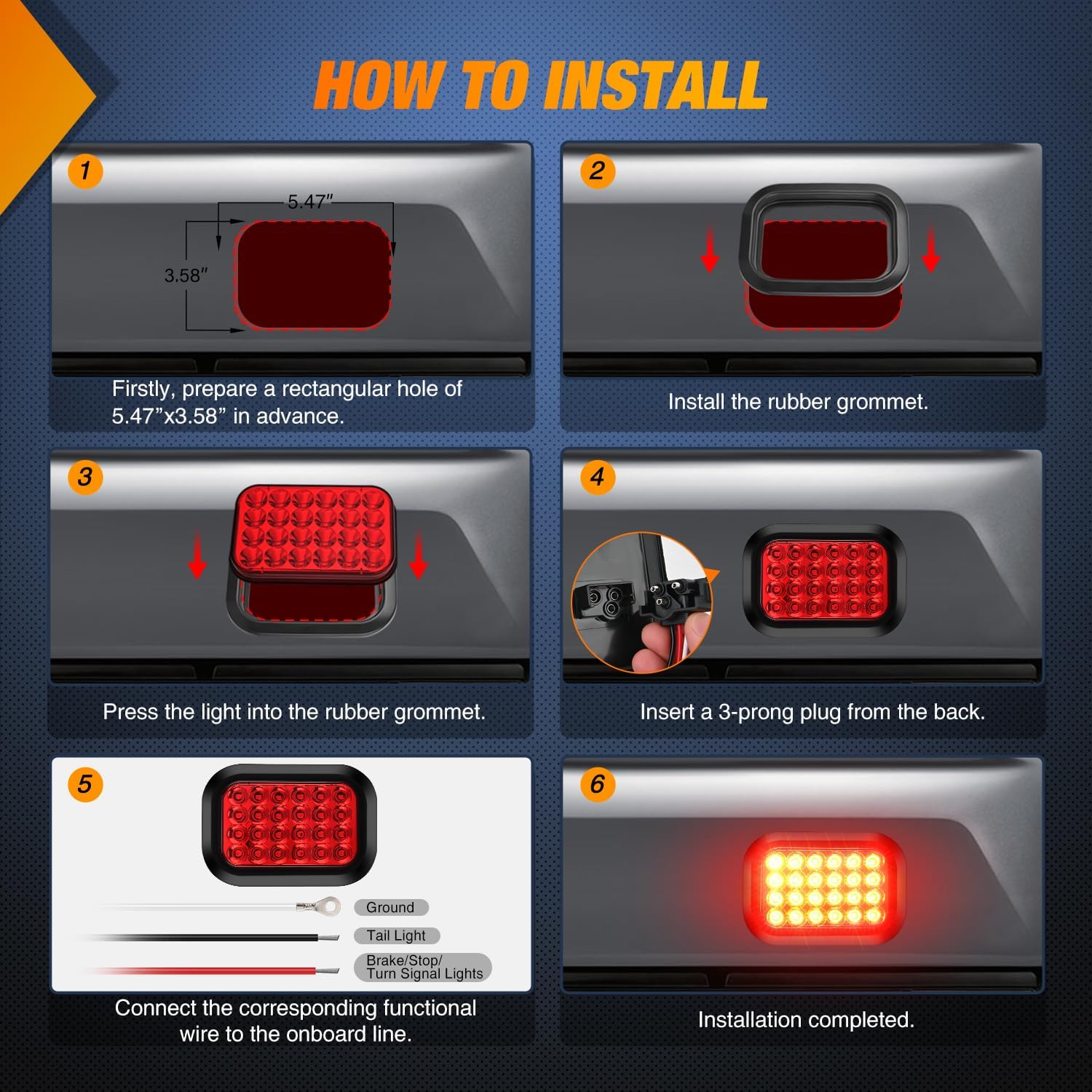 Nilight 5” X 3” Rectangular Trailer Tail Light 4 PCS White Red 24LED Brake Turn Signal Reverse Lights w/Flush Mount Grommets Plugs IP67 Waterproof for 12V Truck ATV UTV Bus RV Camper