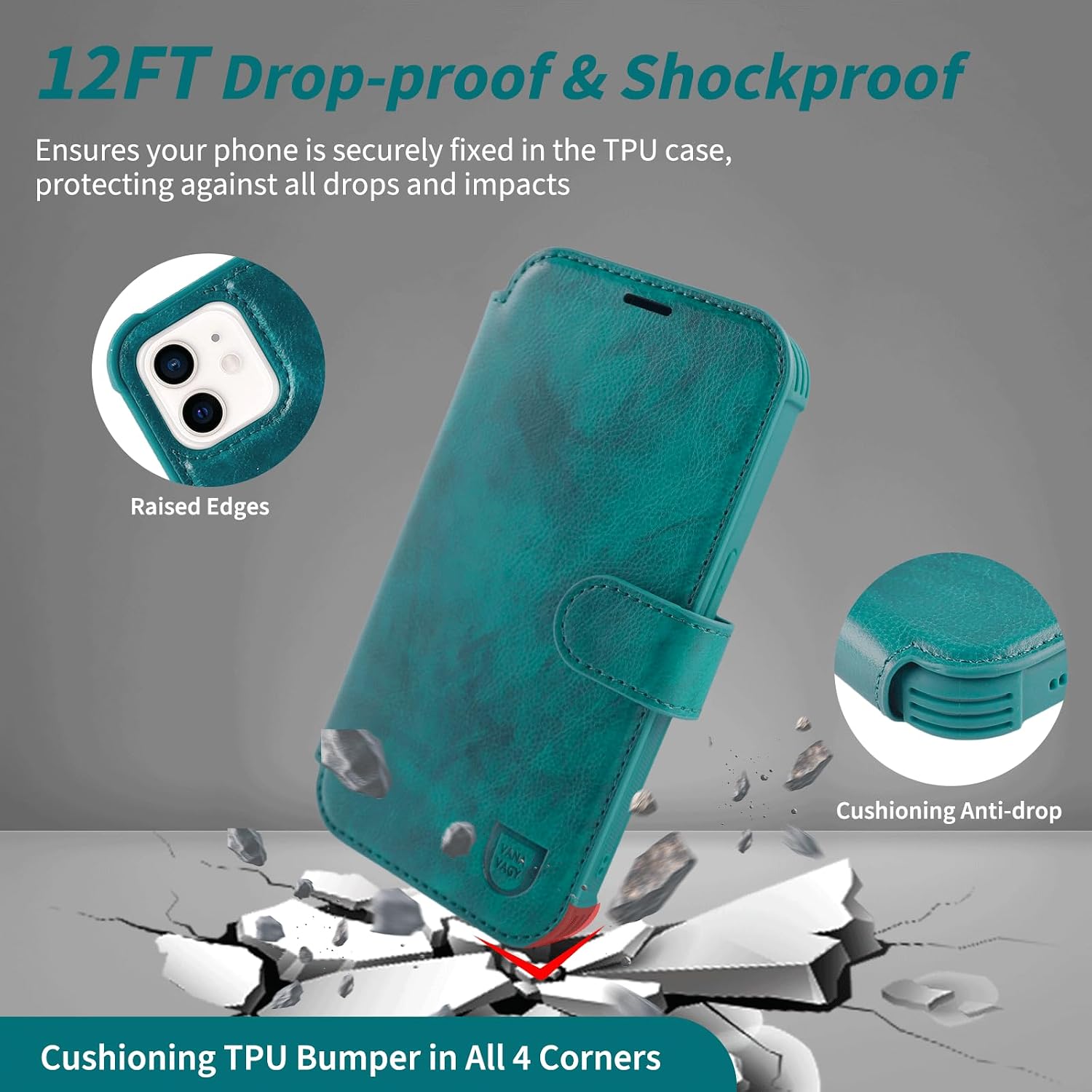VANAVAGY Compatible for iPhone 12/12 Pro Wallet Case for Women Men, PU Leather Flip Phone Cover with Wristlet for Wireless Charging with RFID Blocking Card Holder Screen Protector,Midnight Green