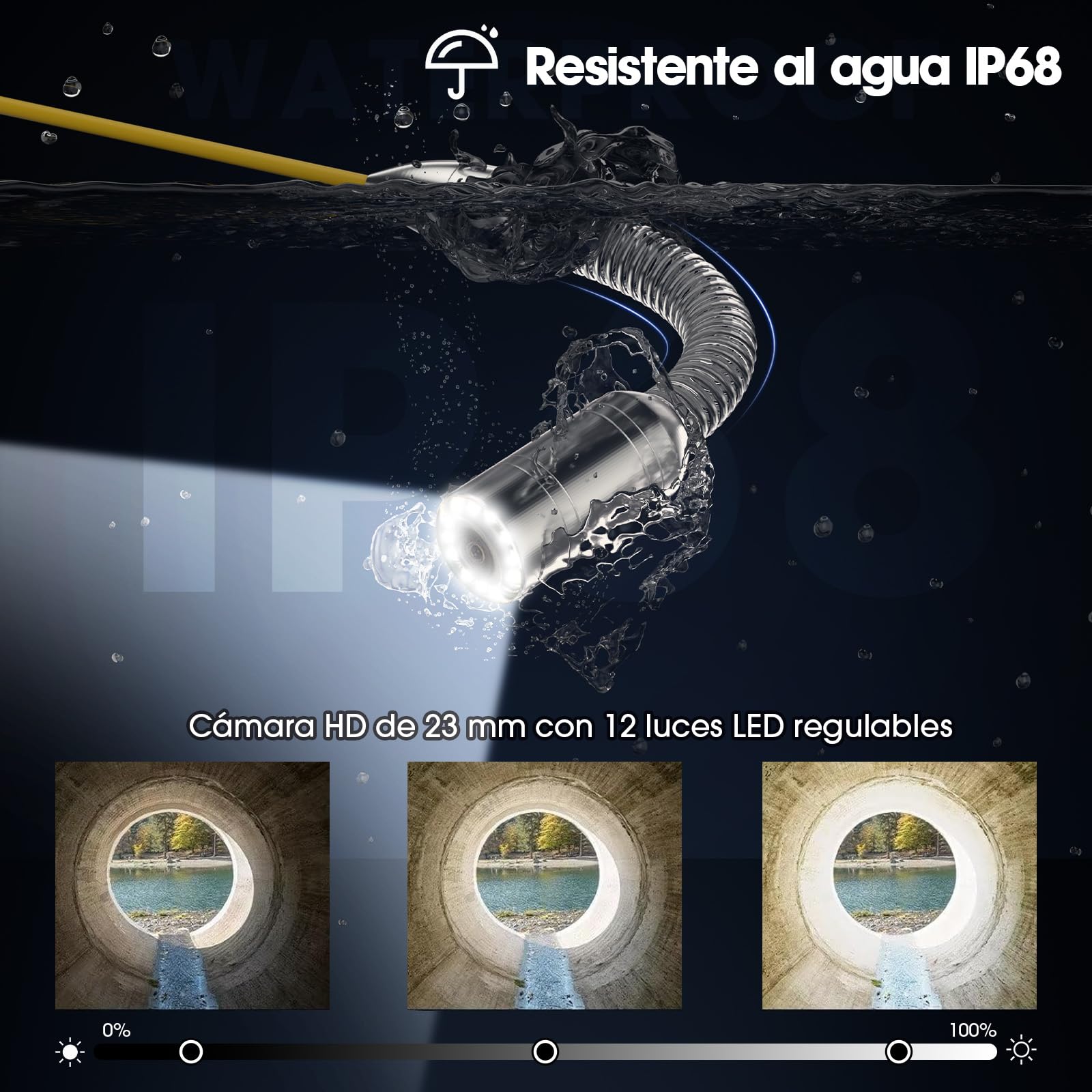 Cámara de Inspección de Tuberías 1080P HD, Pantalla 4.3 Pulgadas, Sonda 23mm IP68 Impermeable, Cable 50m, Tarjeta 32GB, Endoscopio Industrial para Desagüe, HVAC, Motores y Paredes