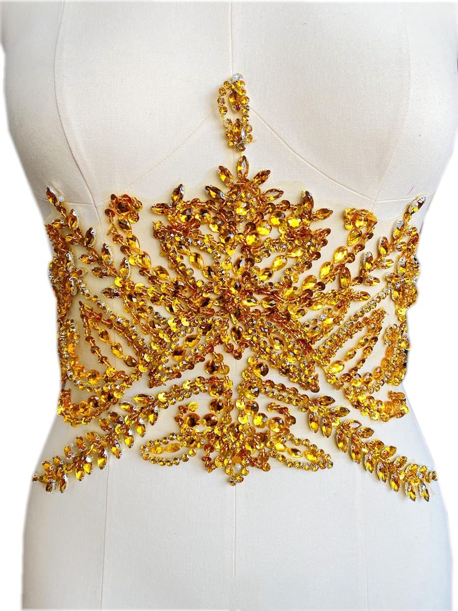Trimimg Patches Handmade with Acrylic Rhinestones Beads Sequins sew on Applique for Dress Waist Decorative Accessories 17.7X9.4 inches (Clear AB)