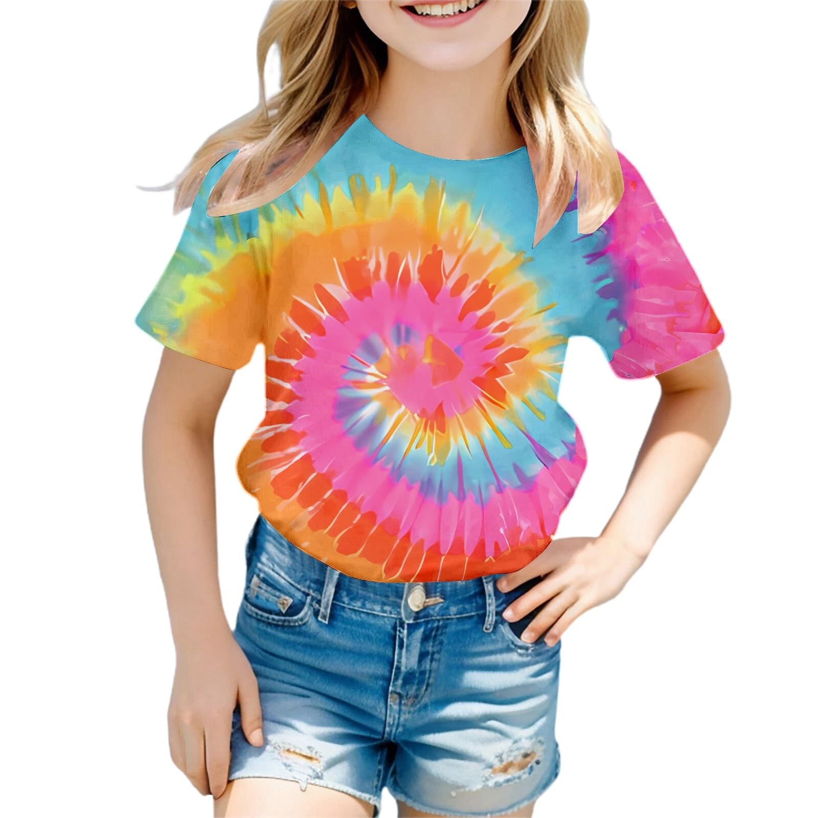 T-Shirts Kinder Top Langarmshirt Mädchen T-Shirt mit Batik-Print, kurzärmelig, Sommermode, lässig, Rundhalsausschnitt, für Kleinkinder und Kinder