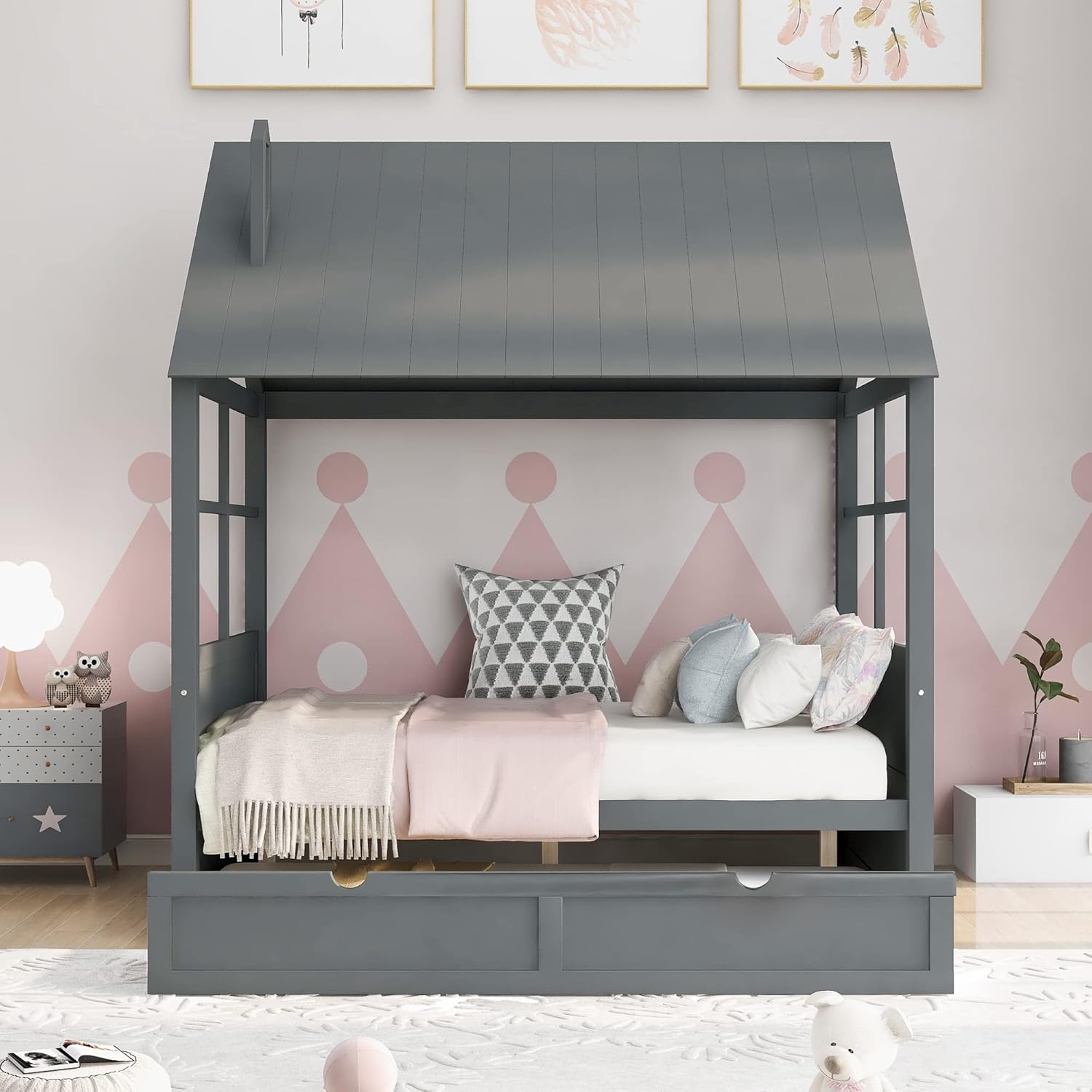 Full House Bed with Twin Size Trundle, Wood Full Daybed