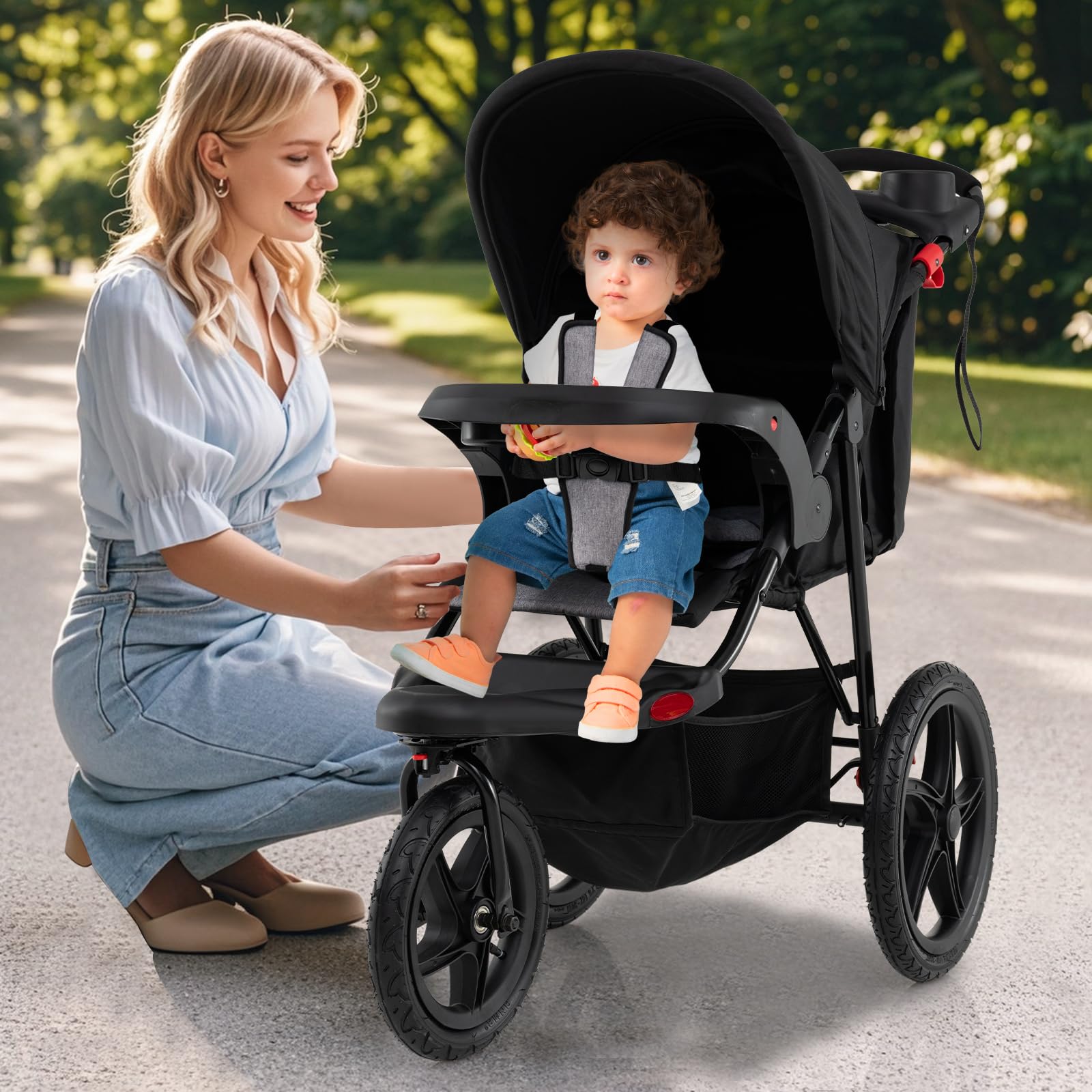 COSTWAY Silla de Paseo Ligera, Carrito Bebé Plegable con Dosel Ajustable, Asiento Reclinable, Bandeja Desmontable, Bolsa de Almacenaje y Ruedas Infladss, Carro para Bebés de 0 a 48 Meses