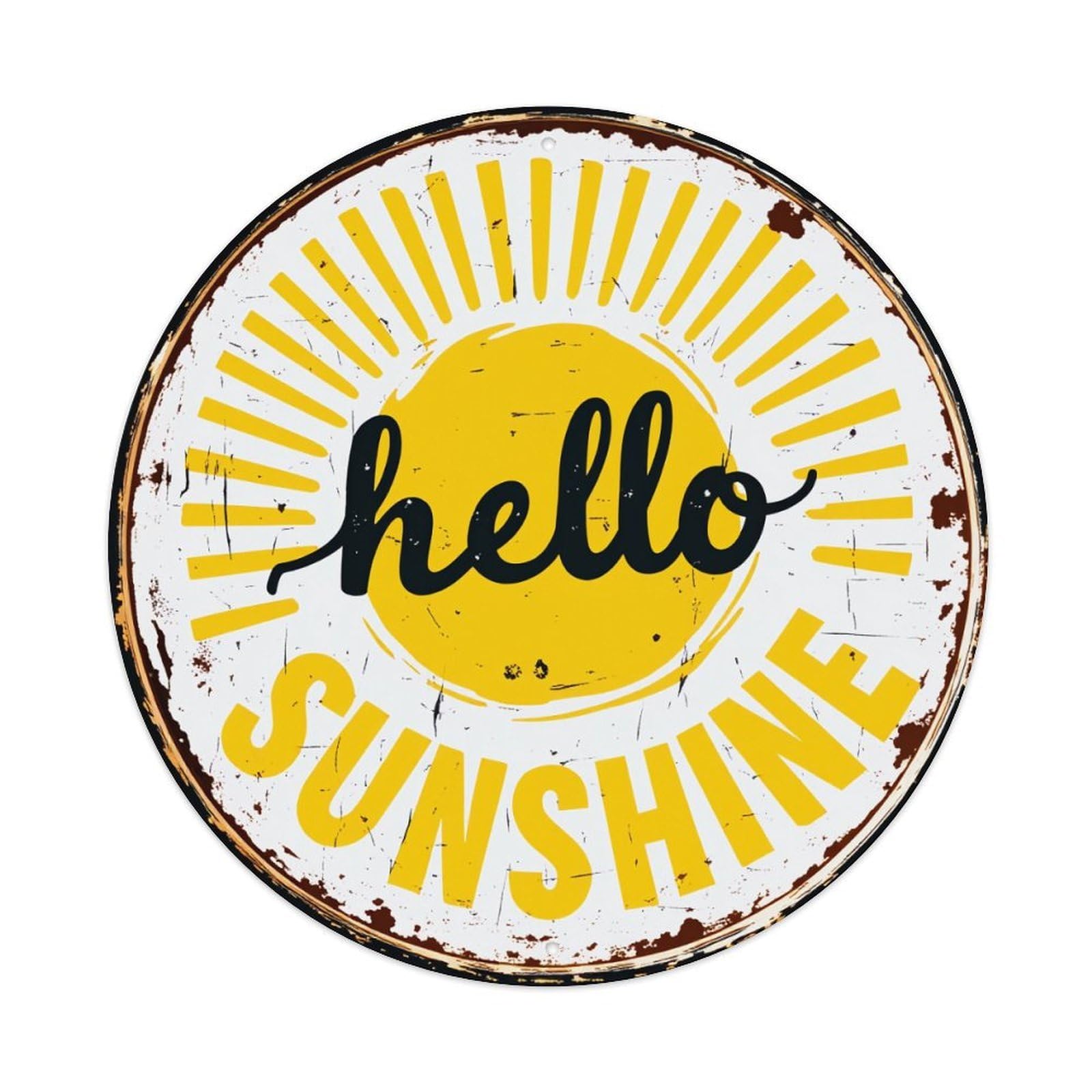 Hello Sunshine Sunburst Pattern Print Round Tin Sign Vintage Metal Poster, Home Bar Garage Man Cave Cafe Indoor & Outdoor Wall Decoration 8x8Inches