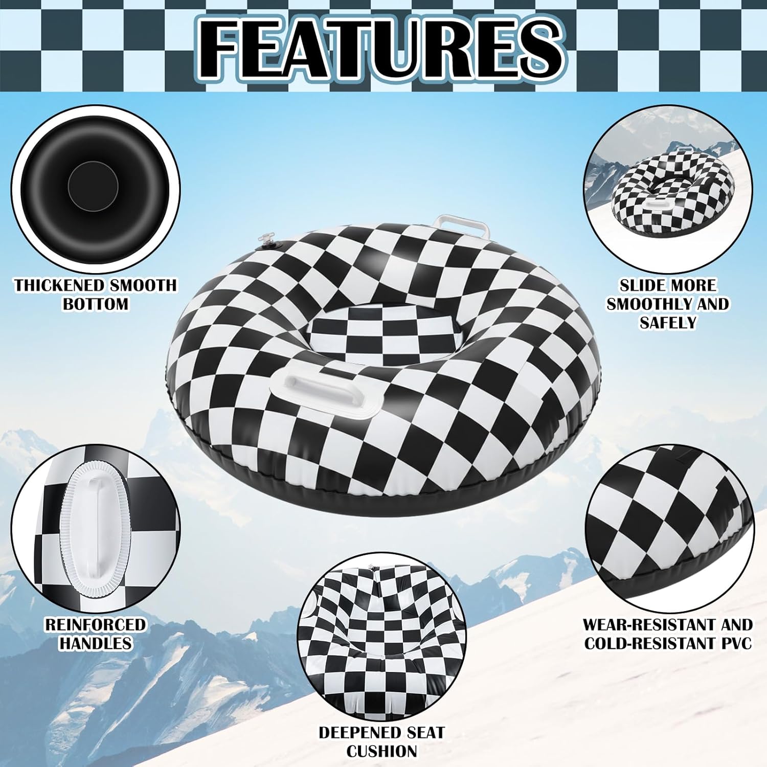 Soulchen 3 Pack Snow Tube 36 in Car Racing Sleds Inflatable Black and White Checkered Snow Sleds for Winter with Handles Thickened Heavy Duty Hard Bottom Winter Toys for Outdoor Sledding Sports