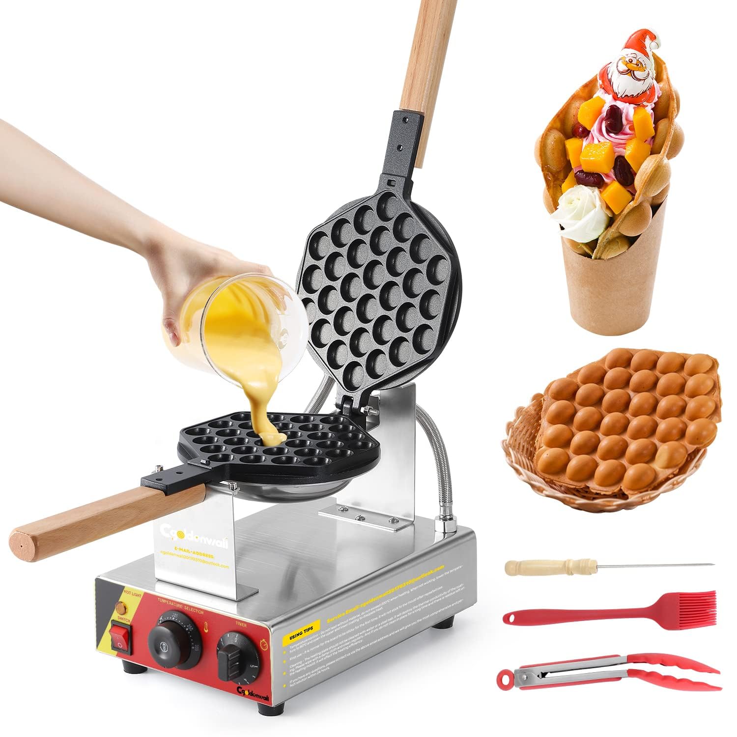 Piastra per Bubble Waffle in Stile Hong Kong CGOLDENWALL Teflon Antiaderente Piastra da Forno Intercambiabile con Rotazione di 180°丨Macchina per Waffle Elettrica 0-300℃ 1500W - Include Ricette