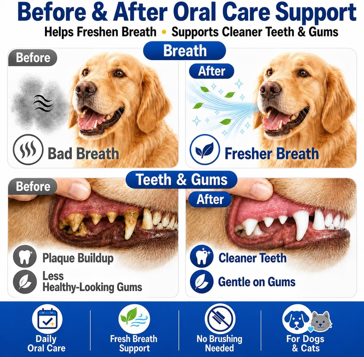 Pet Oral Care Spray for Dogs & Cats, No Brushing Breath Freshener with Medium-Long Nozzle, Water-Based Mint Dental Support for Help Reduce Plaque Buildup & Gum Discomfort, 3.38 fl oz