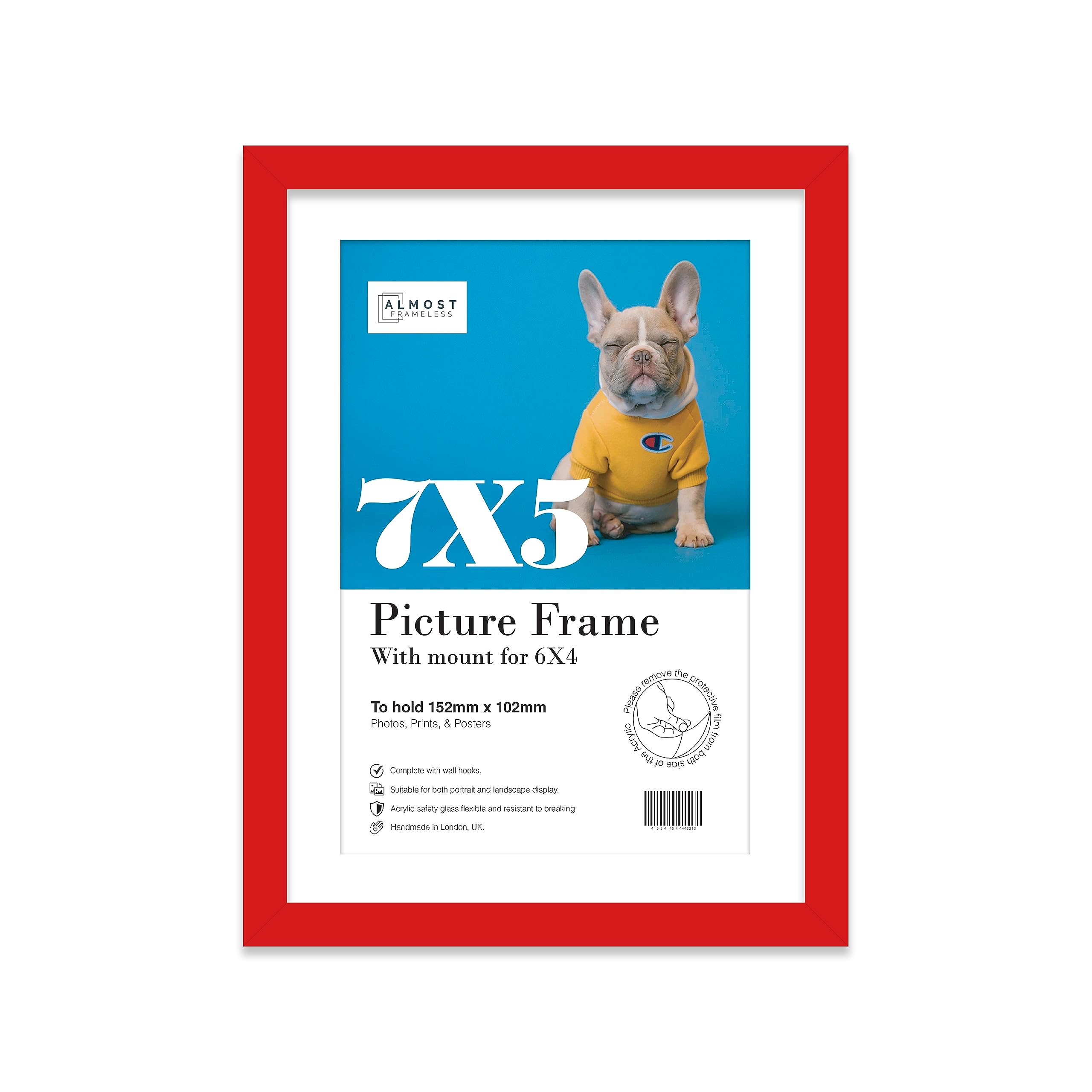 Almost Frameless Red 7X5 Picture Frame With Mount For 6X4 Print, Poster Or Photo Poster, Photo, Artwork, Or Print. Thin Edge Slim Frame Portrait And Landscape Display With Wall Hooks