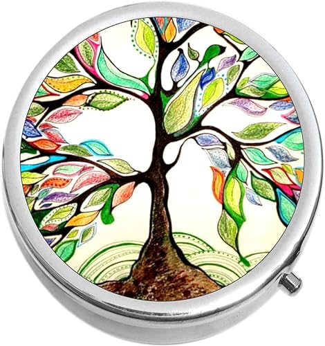 Pastillero colorido del árbol de la vida, caja de píldoras para medicina, caja de pastilleros portátil cabe en bolso o bolsillo