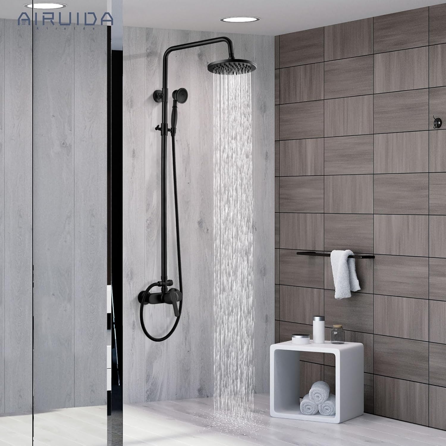 Airuida Exposed Shower System, 8 Inch Rainfall Shower Head with Handheld Spray, Single Handle Wall Mount Shower Faucet Set, Solid Brass Dual Function Exposed Pipe Fixture for Bathroom,Matte Black
