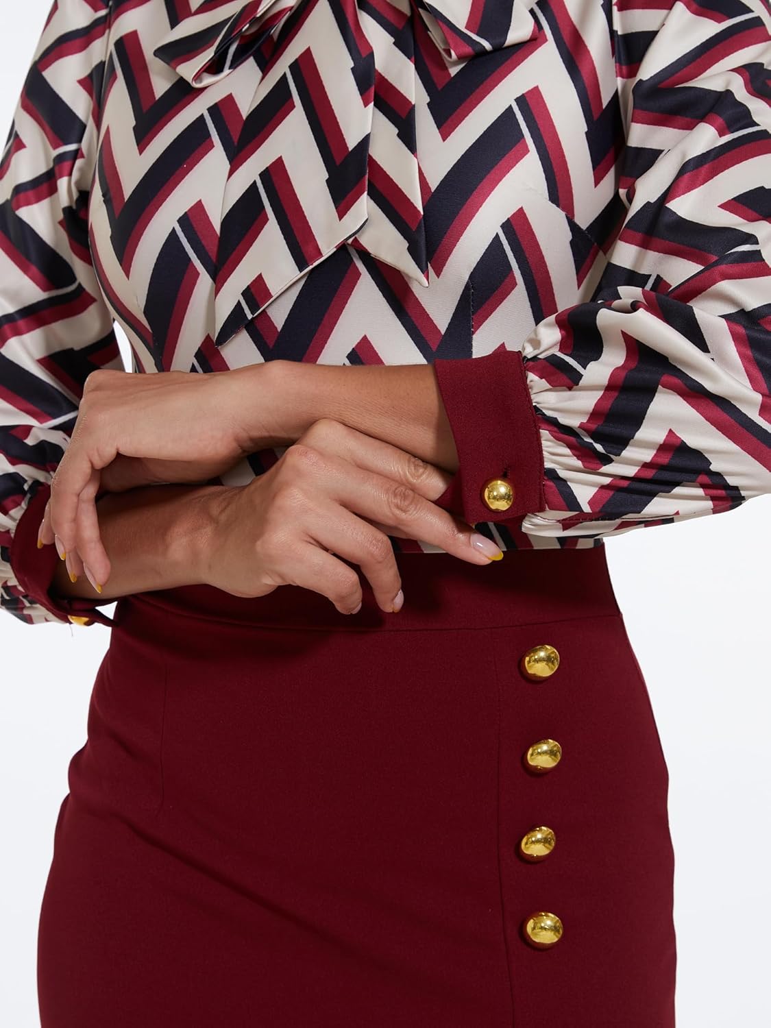 Women's Business Pencil Dress Elegant Tie Neck Colorblock Midi Office Work Sheath Dress - Image 4