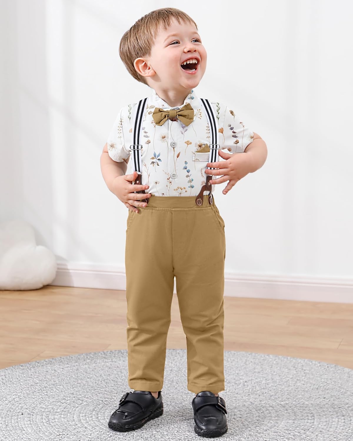Toddler Boys Semi Formal Outfit 3pcs Sets Short Dress Shirt Suspender Pants Bow Tie for 1-5 Years - Image 6