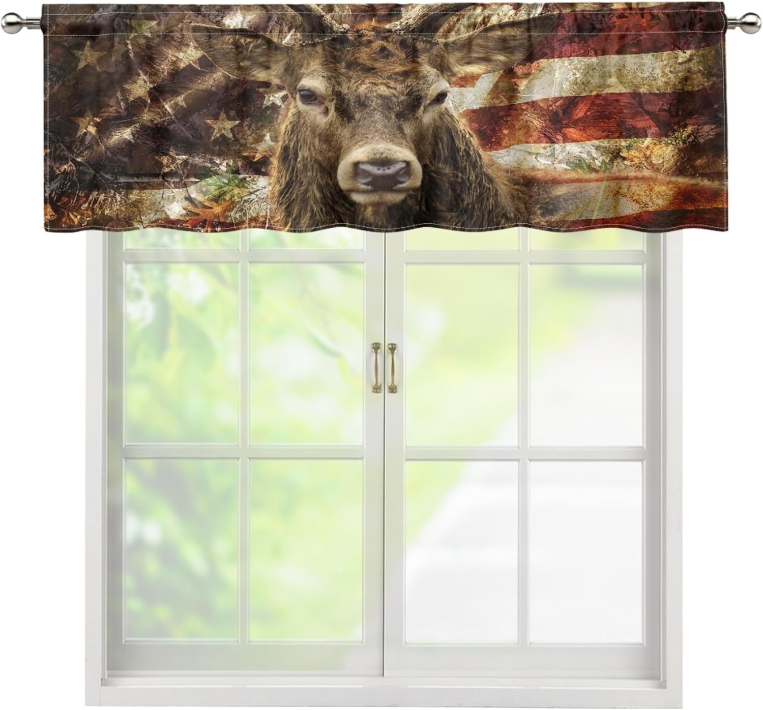 Wild Animal Valance Curtains for Boys, Deer Black Forest Silhouette Dark Wood Board Backdrop Window Treatments, Rod Pocket Drapes for Man Cave Teens Room Bedroom Decor, 54x18in 1P+27x36in 2P