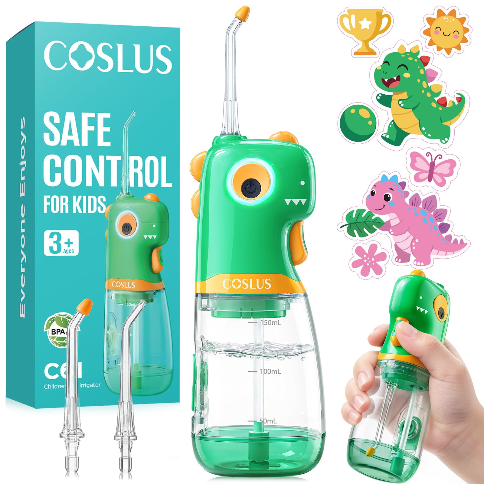 COSLUS C61 Portable Kids Water Flosser, Safe Trigger for Ages 3+, Green