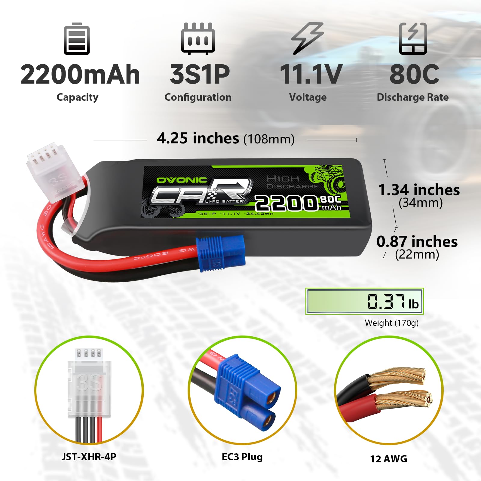 Amazon.com: OVONIC 11.1V Lipo Battery 3S 80C 2200mAh Lipo with EC3
