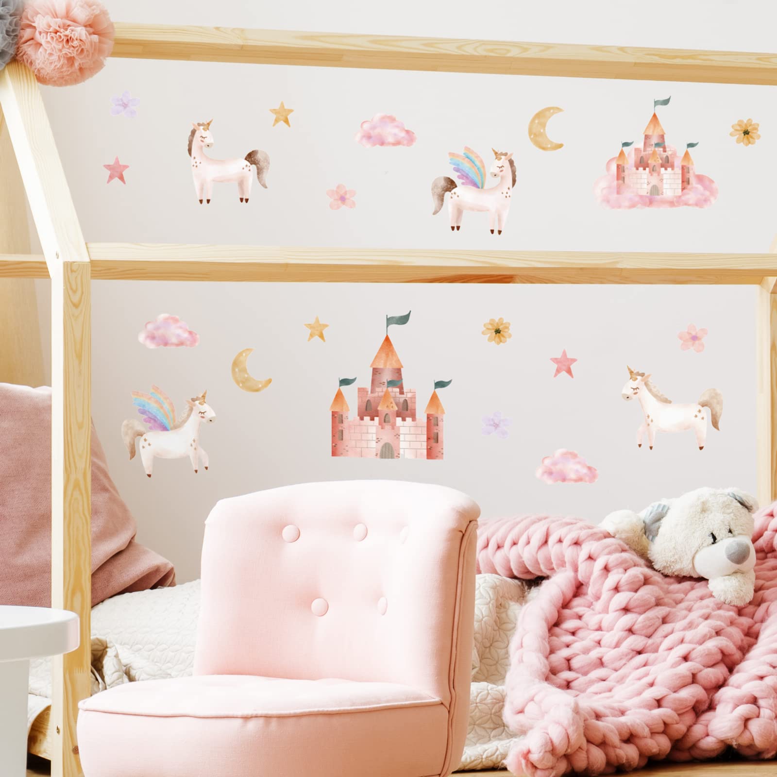 Stickerscape Girls Pink Unicorn Wall Stickers (Watercolour Unicorns) | Easy To Apply And Cleanly Removable | 19 Stickers For Walls Included | Unicorn Bedroom Accessories