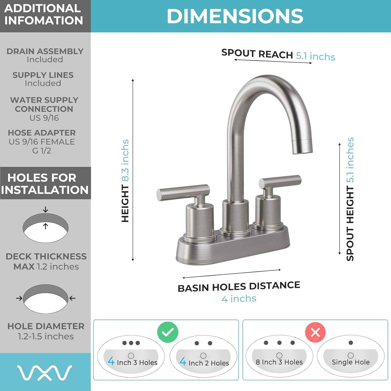 VXV Bathroom Sink Faucet 4 Inch 2 Handle Centerset Modern 360 Rotating Brushed Nickel Water Faucet with Pop-up Drain Stopper Assembly Supply Line Fits 2 Hole