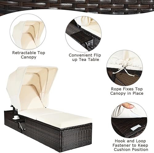 Miniatura 8 de Tangkula Tumbona para exteriores con toldo plegable, silla reclinable acolchada ajustable con mesa de té abatible, tumbona de ratán para playa,