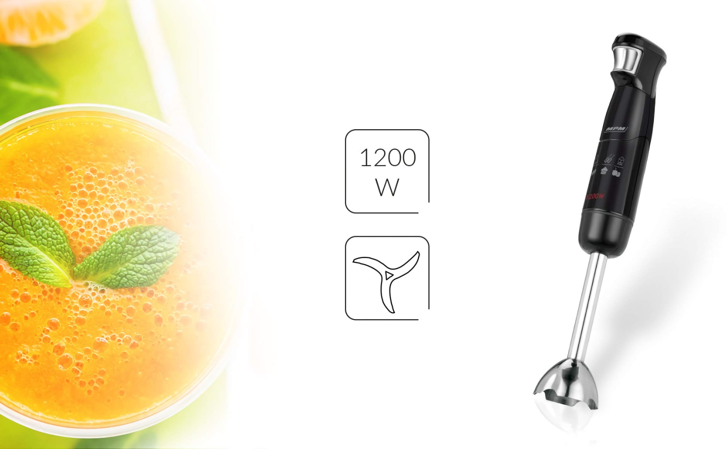 MPM MBL-29/C Blender ręczny - zestaw, Pojemnik 1000 ml z Nożem ze Stali Nierdzewnej, pojemnik 700 ml, BPA free, Mieszadła do Ubijania Piany, Funkcja Smooth Touch, Stali Nierdzewnej, 1200W
