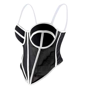 ELLACCI Women's Black Mesh Corset Top with White Trim