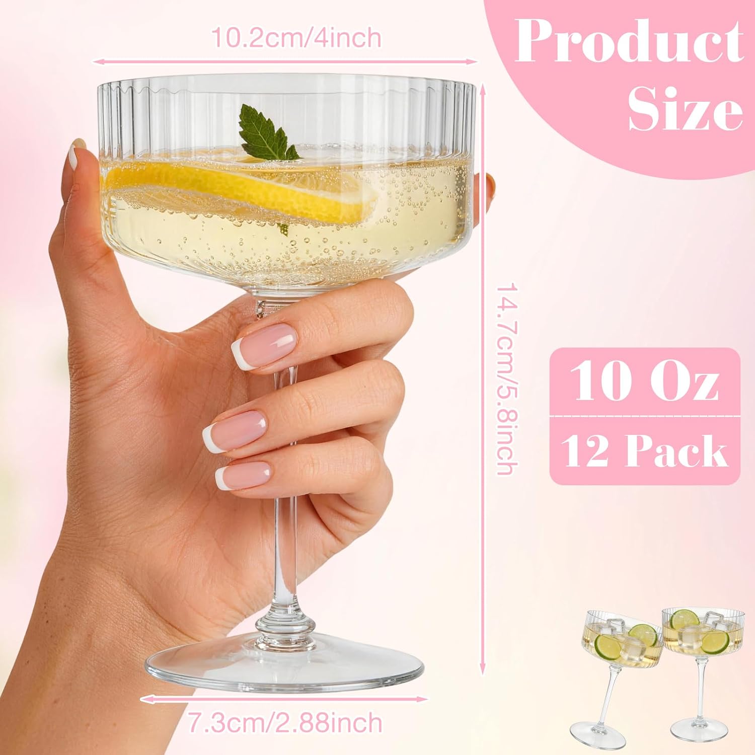 Condition photo showing New/Like New for plulon 12 pcs clear martini glasses set 10 oz plastic ribbed coupe glass, cocktail glasses champagne cup tower vintage margarita glassware for cocktail wine bar drinking wedding party outdoor events transparent 12