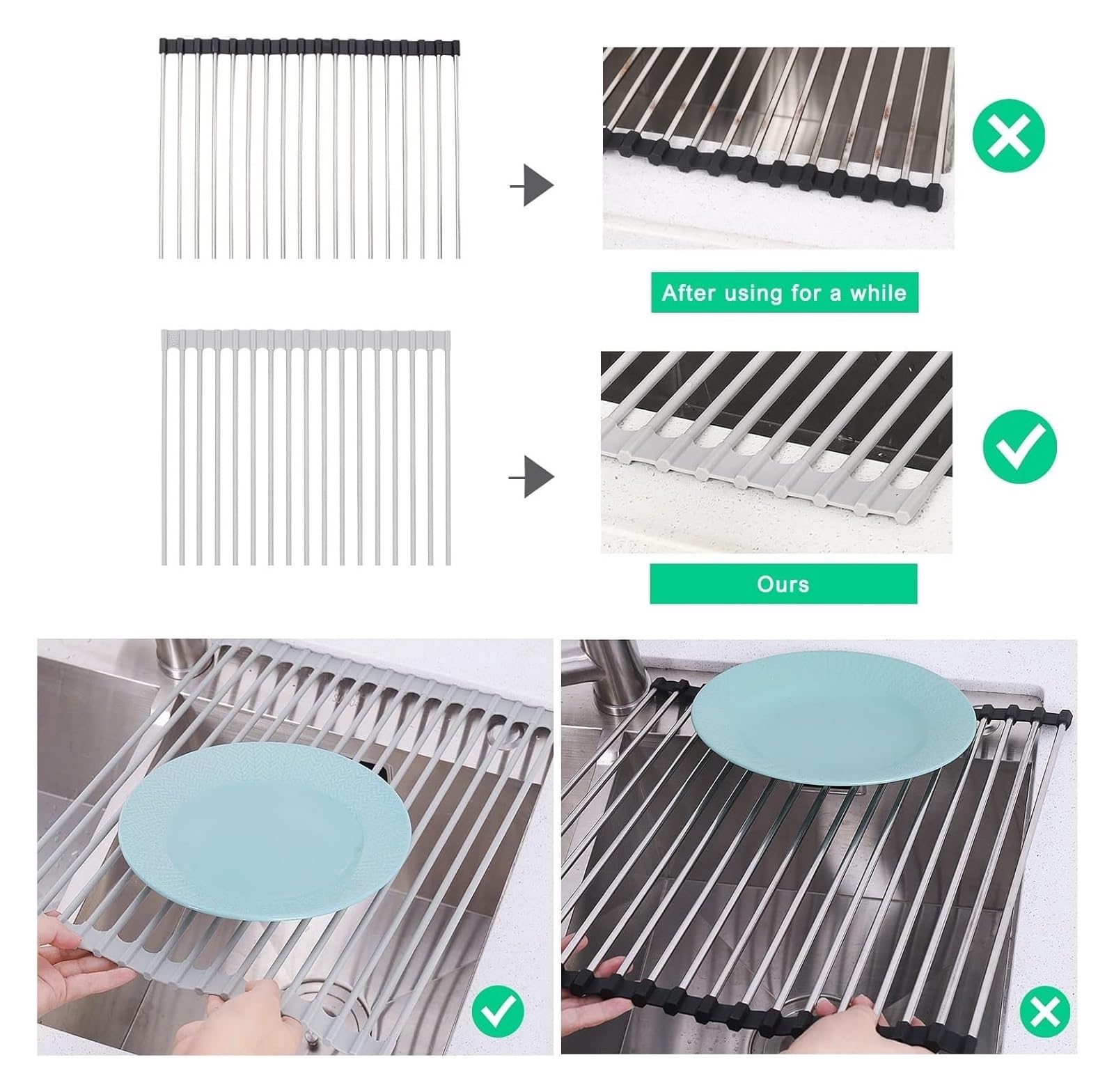 Scolapiatti pieghevole in silicone con rivestimento in acciaio inox, portatile, salvaspazio, facile da riporre, pieghevole, per uso domestico e in viaggio