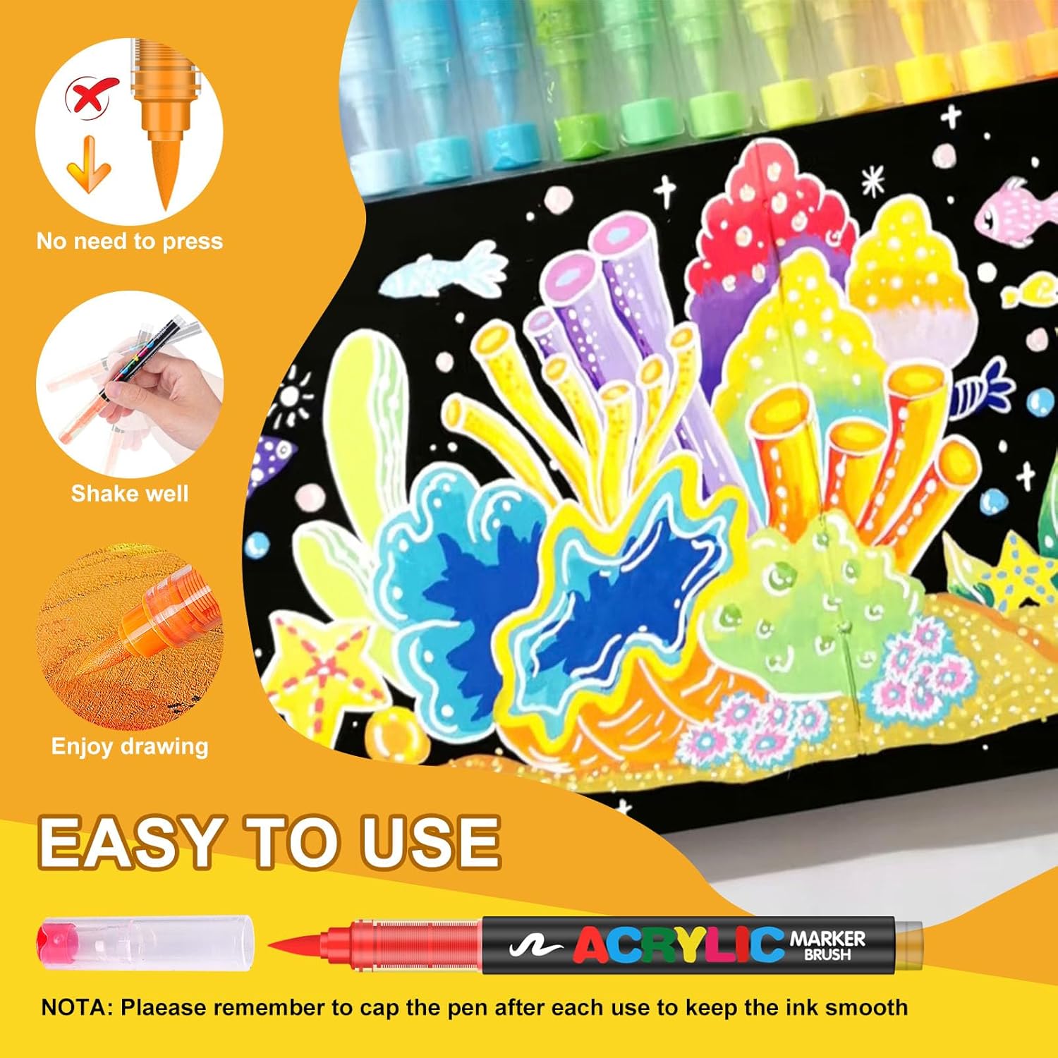 Lot de 288 Acrylic Paint Pens · Marqueurs Acryliques à Pointe Pinceau · Stylo Peinture Acrylique Adulte · Encre à l'Eau pour Surfaces Multiples : Pierre, Verre, Tissu, Bois, Toile · Idée Cadeau — vue 7