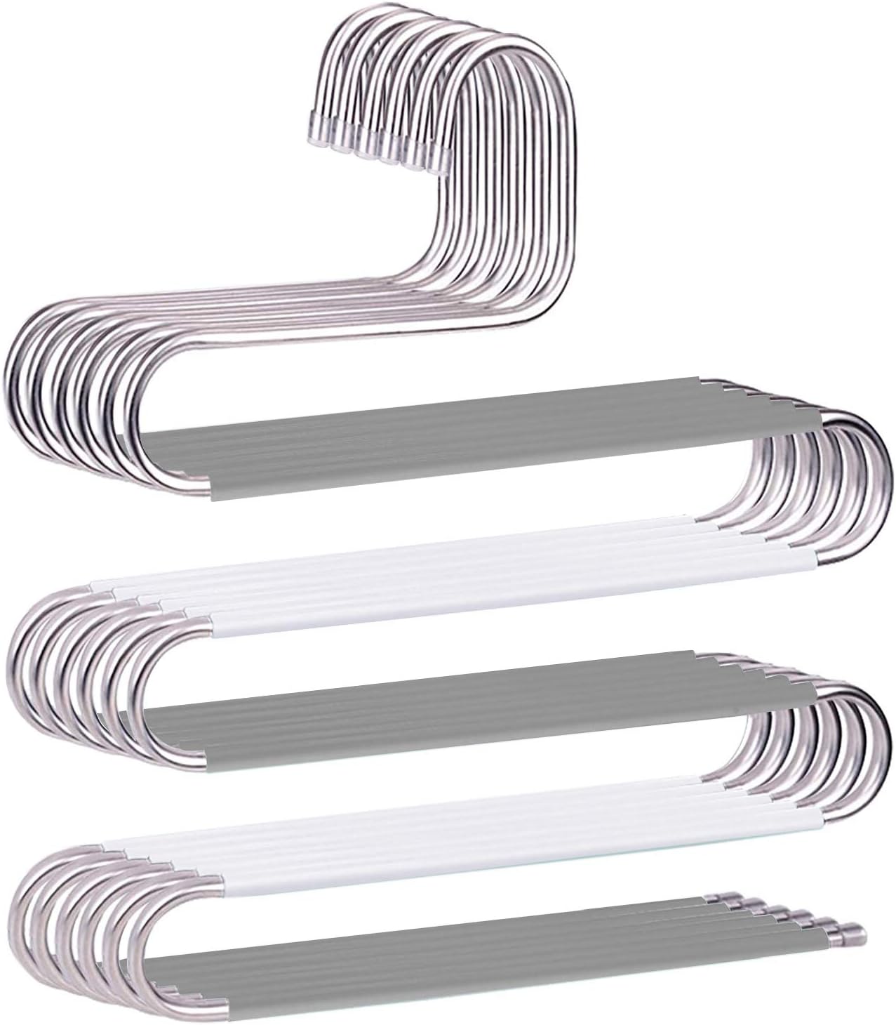 devesanter Space Save Non-Slip 6 Pack S-Shape Trousers Hangers Stainless Steel Clothes Hangers Closet Storage Organizer for Pants Jeans Scarf Hanging Grey and White