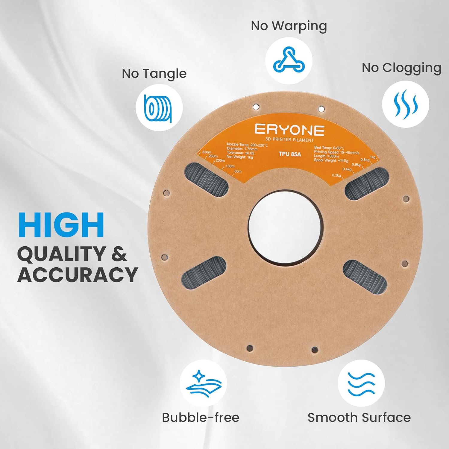 ERYONE TPU Filament 1.75mm +/-0.03mm, Flexible TPU 85A 3D Printer Filament 1kg Spool(2.2 lbs), Ideal for Footwear, Protective Gear, Grey