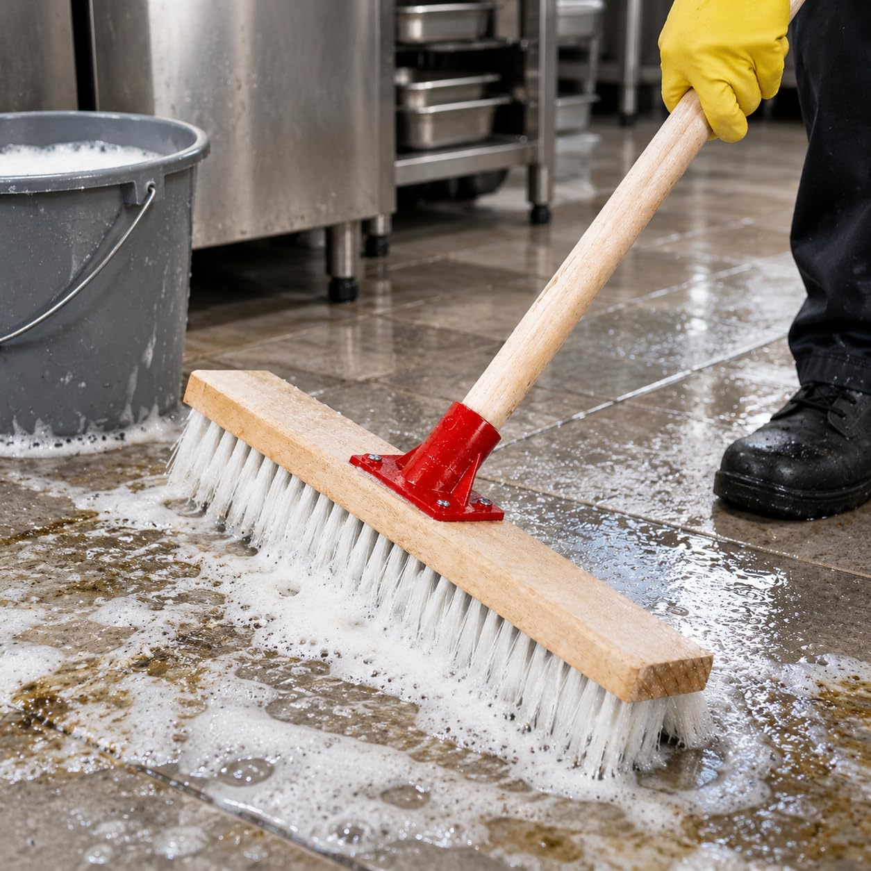 Cepillo para Fregar Suelos Cerdas Nylon Eficaces para Restregar Pisos Duros Azulejos y Lechada en Cocina Baño y Garaje Acuado para Mantenimiento l Hogar, Cepillo Suelo 60cm con Mango
