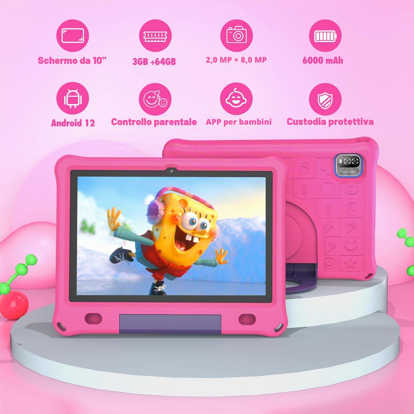 PRITOM Tablet Android 12 per bambini, schermo IPS HD da 10 pollici, 3GB+64GB, software per bambini preinstallato IWAWa, controllo app educative di gioco, WiFi, con custodia a prova di bambino, rosa
