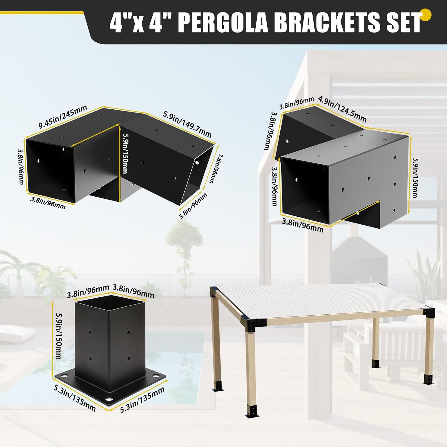 4x4 Woodworks Pergola Brackets Kit, 15°Slanted Roof Pergola Bracket Kit （2PCS 15° 3-Way+2PCS 75° 3-Way +4PCS Post）