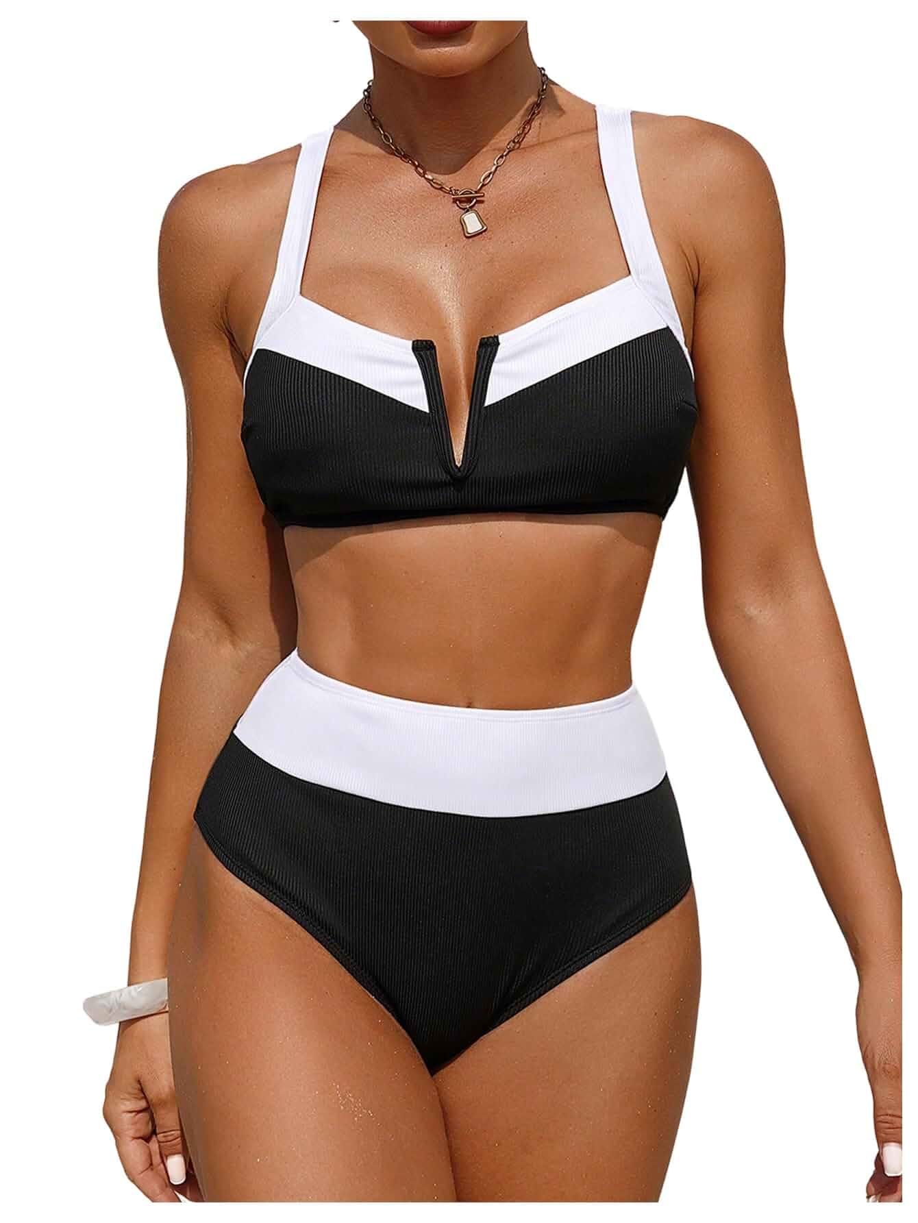 SweatyRocks Women's Color Block High Waisted Bikini Sets V Wired Ribbed Two Piece Bathing Suit