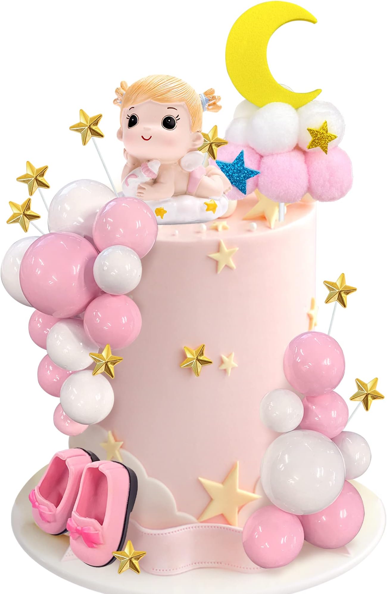 30PCS Pink Baby Girl Cake Decorations Its a Girl Cake Topper Pink Ball Cake Toppers for Baby Shower Birthday Cake Decoration