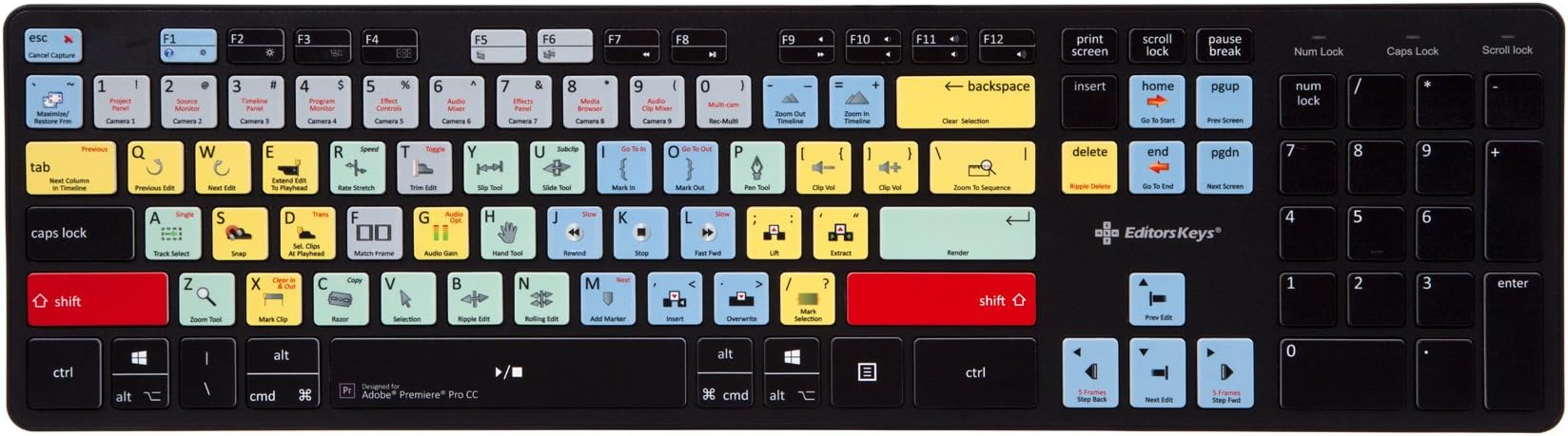 Editors Keys Wireless Adobe Premiere Pro CC Keyboard | Edit 50% Faster In Premiere - Fully Wireless Keyboard For PC, Black