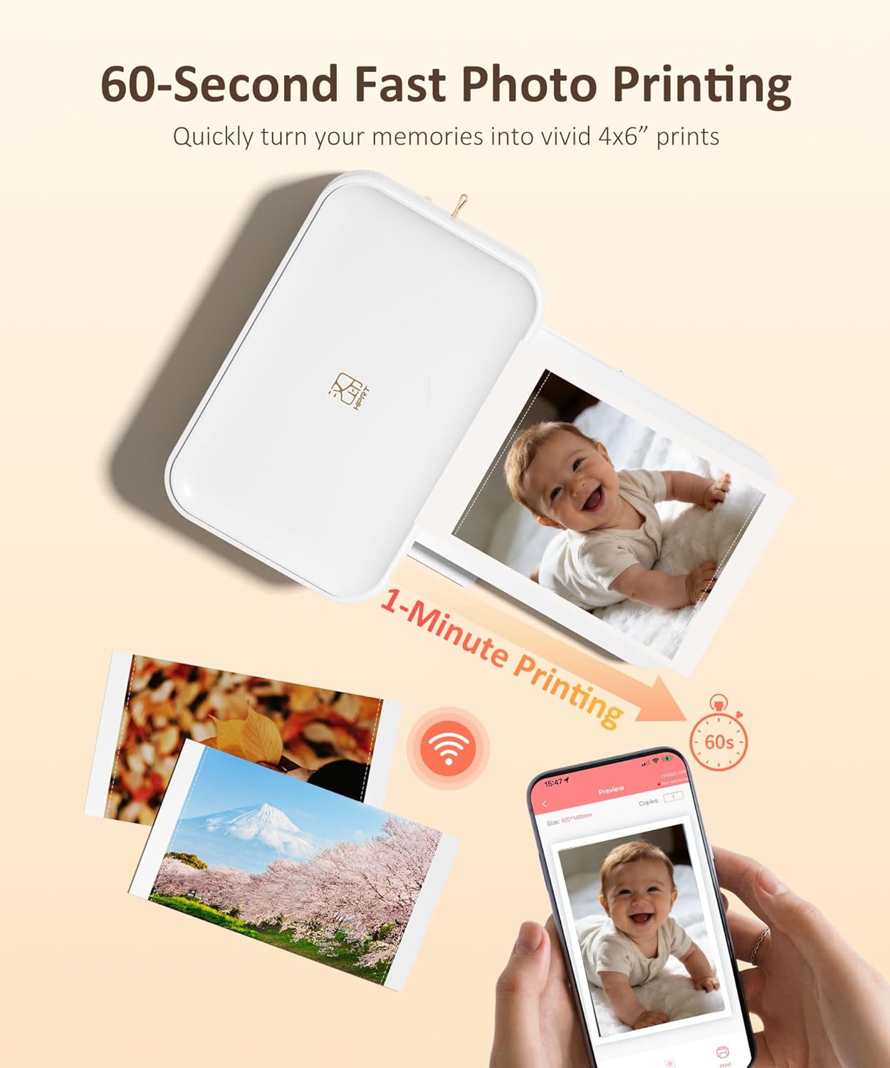 HPRT CP4100 4x6 Photo Printer with 108 Sheets & 2 Ribbons, Full-Color Thermal Dye Sublimation Wi-Fi Printing, Portable Instant Picture Printer for iPhone/Android, AR Video, Fun App, Home Use, White