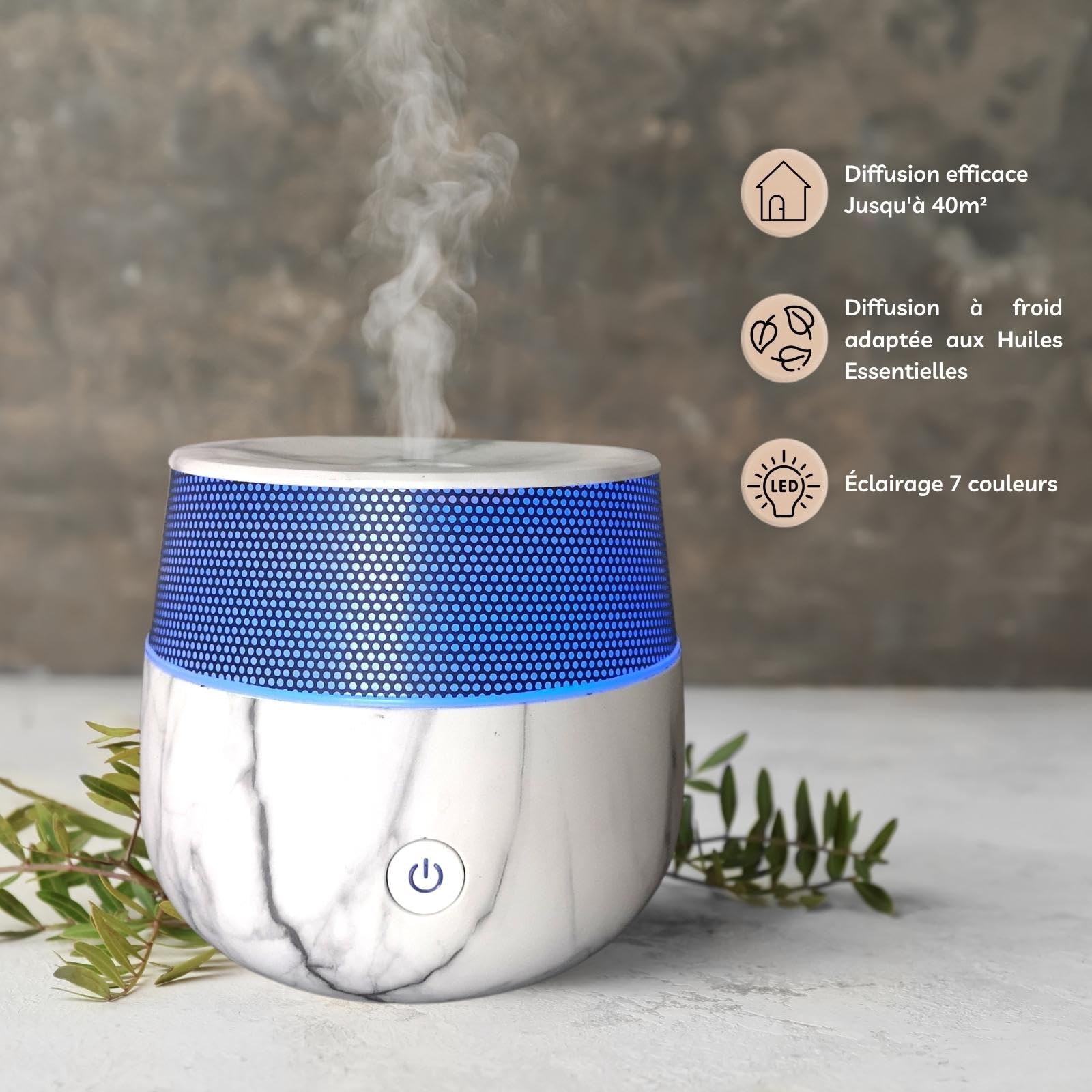 Zen'Arôme - Diffusor Kailo - Luftbefeuchter für ätherische Öle - Ultraschall-Aromatherapie-Vernebler - Elektrische Duftlampe im Marmor-Design mit verstellbarer LED-Beleuchtung und Diffusion - Auto-Off