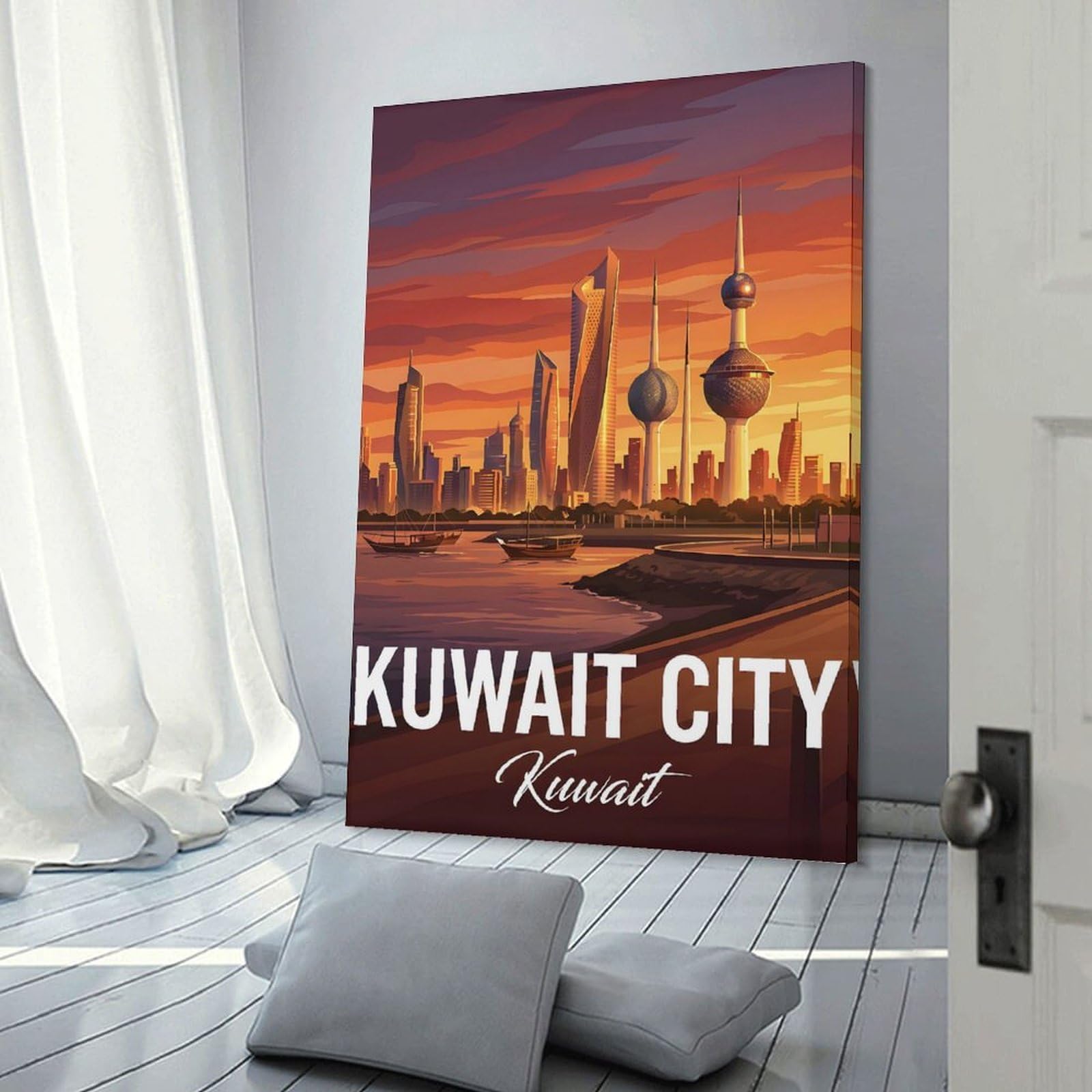 Junmoney Kuwait City Skyline at Sunset Canvas Wall Picture 08x12inch(20x30cm), for Living Spaces, Bedrooms Or Relaxed Rooms, Modern Wall Decor for Cosy Interiors