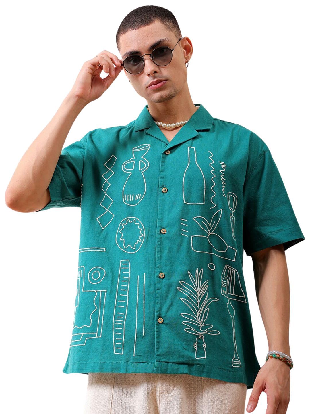 the indian garage co Men Cotton Relaxed Fit Placement Embroidered Half Sleeves Cuban Collar Resort Wear Shirt-picture-26