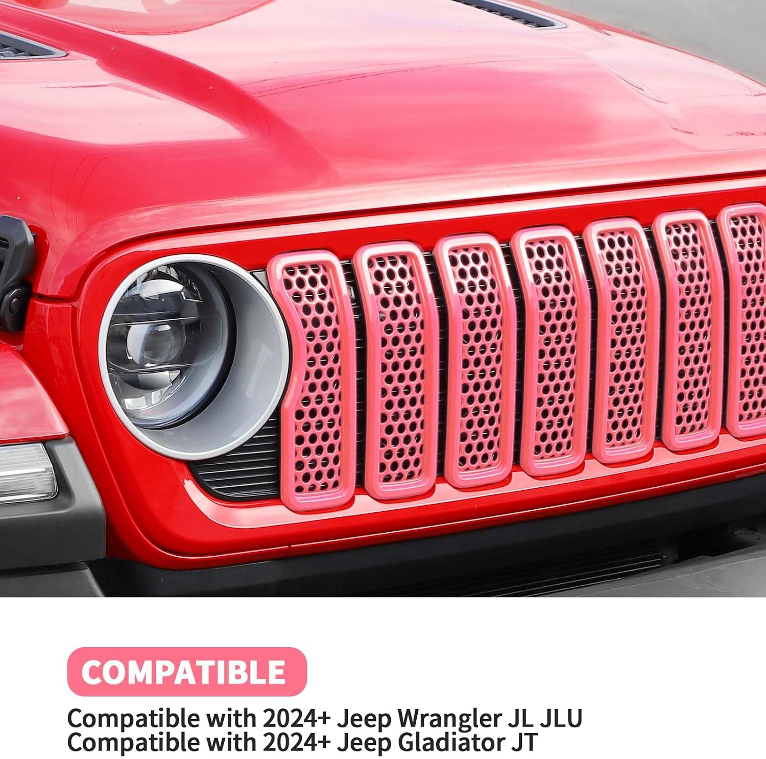 Front Grill Insert Mesh Grille Inserts Cover Kit 7Pcs Compatible with 2024-2025+ Jeep Wrangler JL JLU & Gladiator JT Exterior Accessories (Pink)