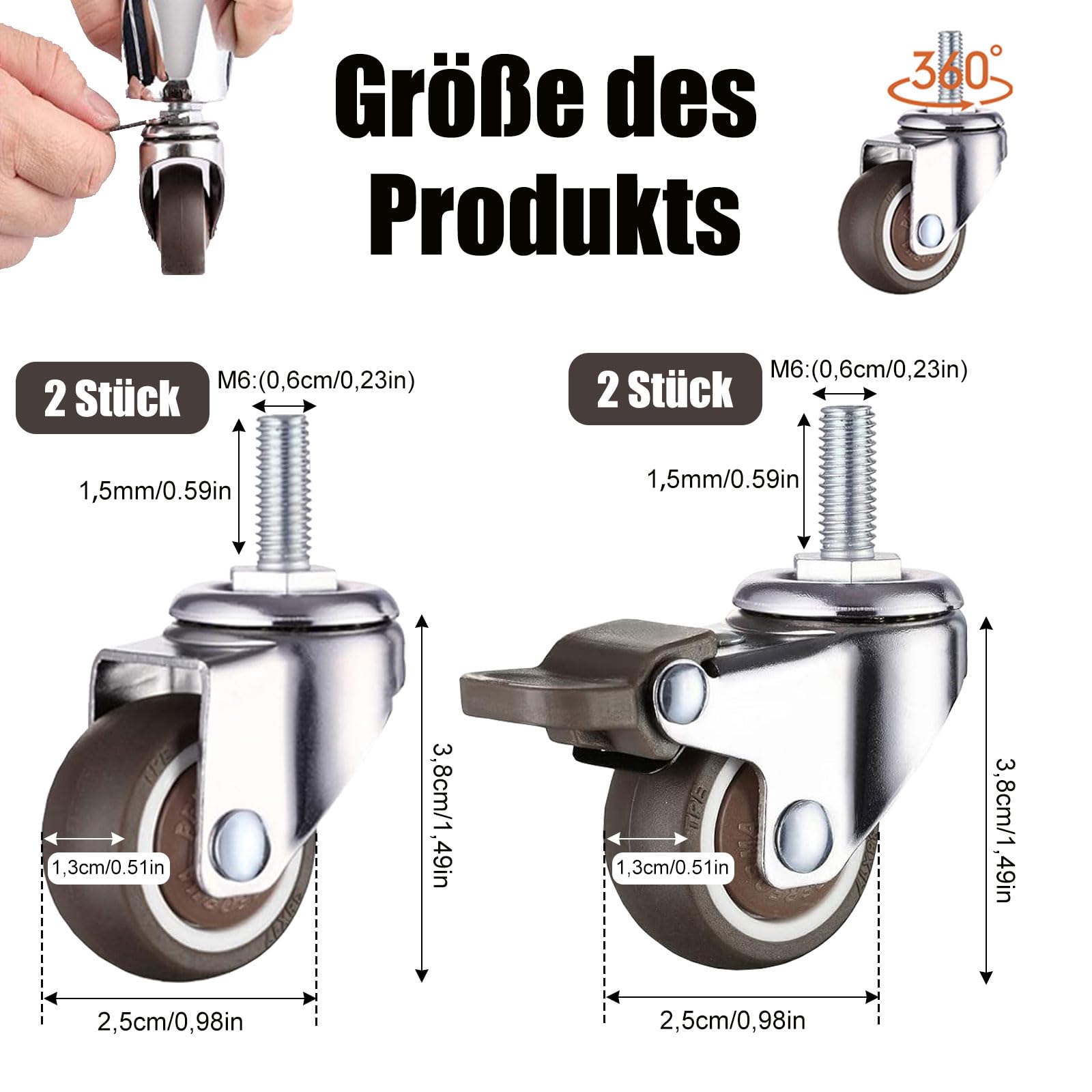 Ruote per Mobili, 4 pezzi M6x15mm con Filettatura in Ruote Girevole in Gomma, 25mm Ruota per Mobili Set, 360° Ruota Girevoli Silenziose con 2 Freno e 2 Senza Freni, per Carrello, Banco da Lavoro