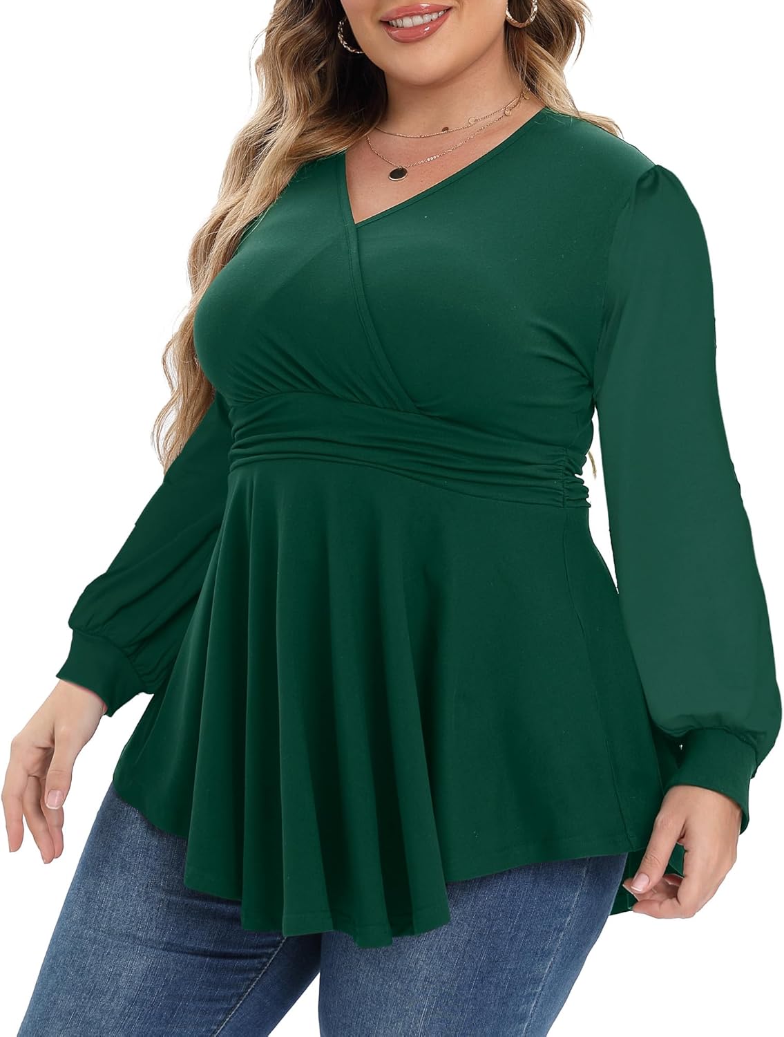 Plus Size Tops for Women Lace Long Sleeve Fall Shirts Casual Dressy Wrap V Neck Pleated Tunic Top - Image 3