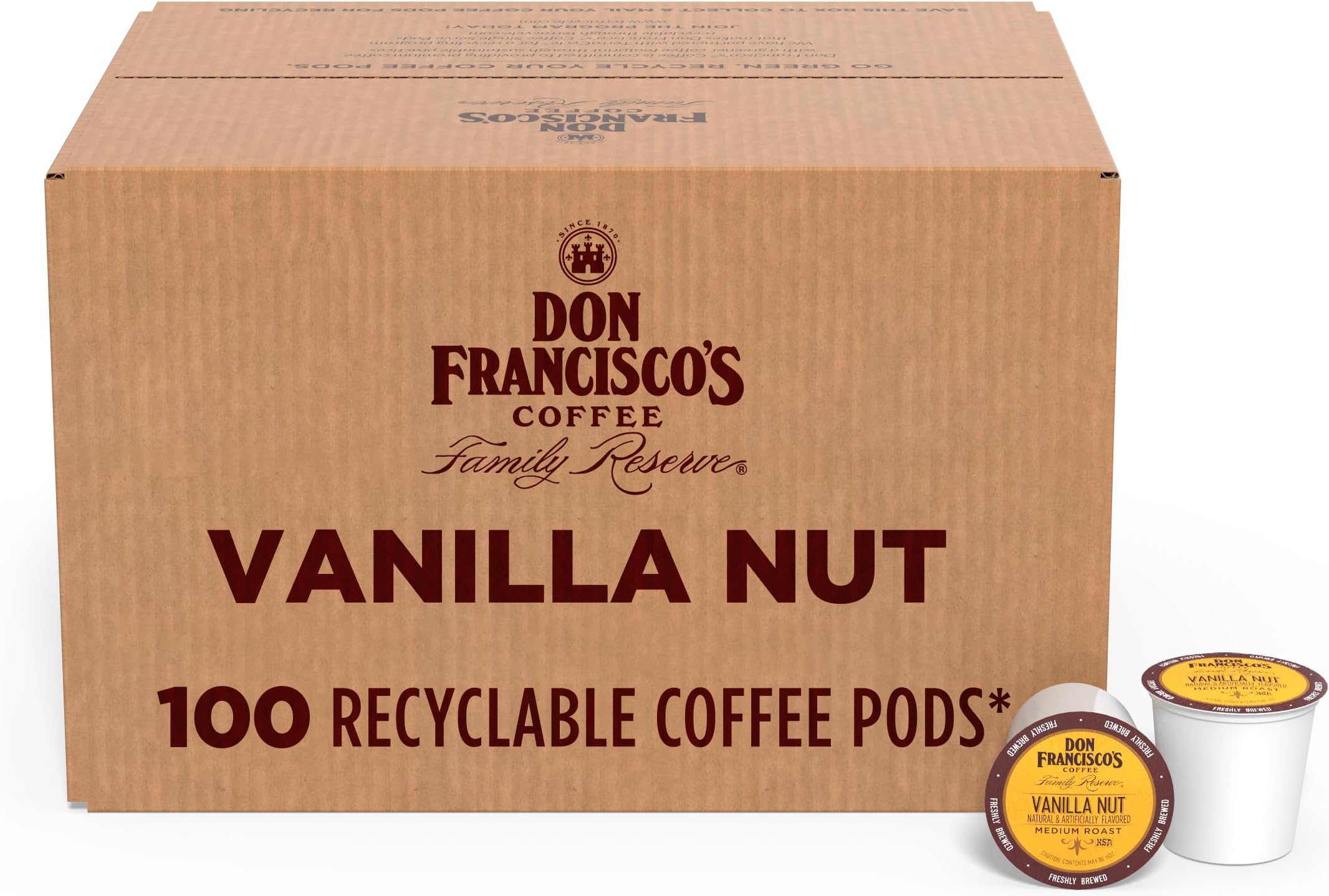 Don Francisco's Vanilla Nut Flavored Coffee Pods, 100 Count, Medium Roast, Compatible with Keurig Brewers