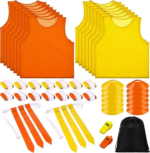 14 jugadores 3 bandera fútbol conjunto banderas fútbol banderas 14 nylon malla pinnies jerseys 14 cinturón de fútbol 12 conos para entrenamiento de