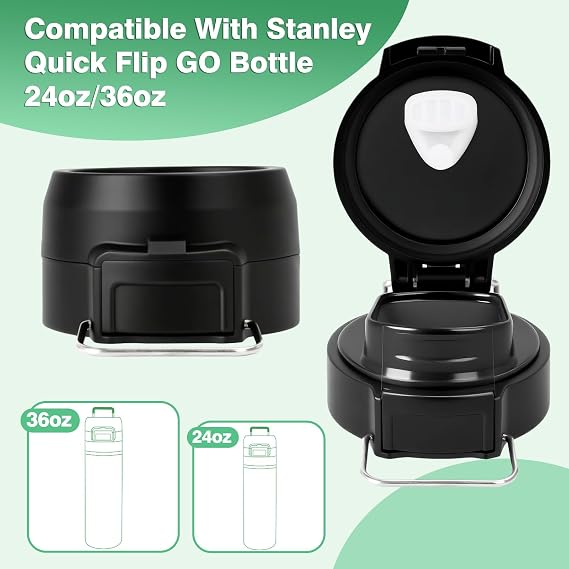 Stanley Quick Flip GO Lid Replacement, Stanley 24oz / 36oz Cover Cap, BPA Free Push Button, Leak Proof Lid with Carry Loop for Travel/Sports, Spill Proof Reusable Top for Stanley Accessories, Black