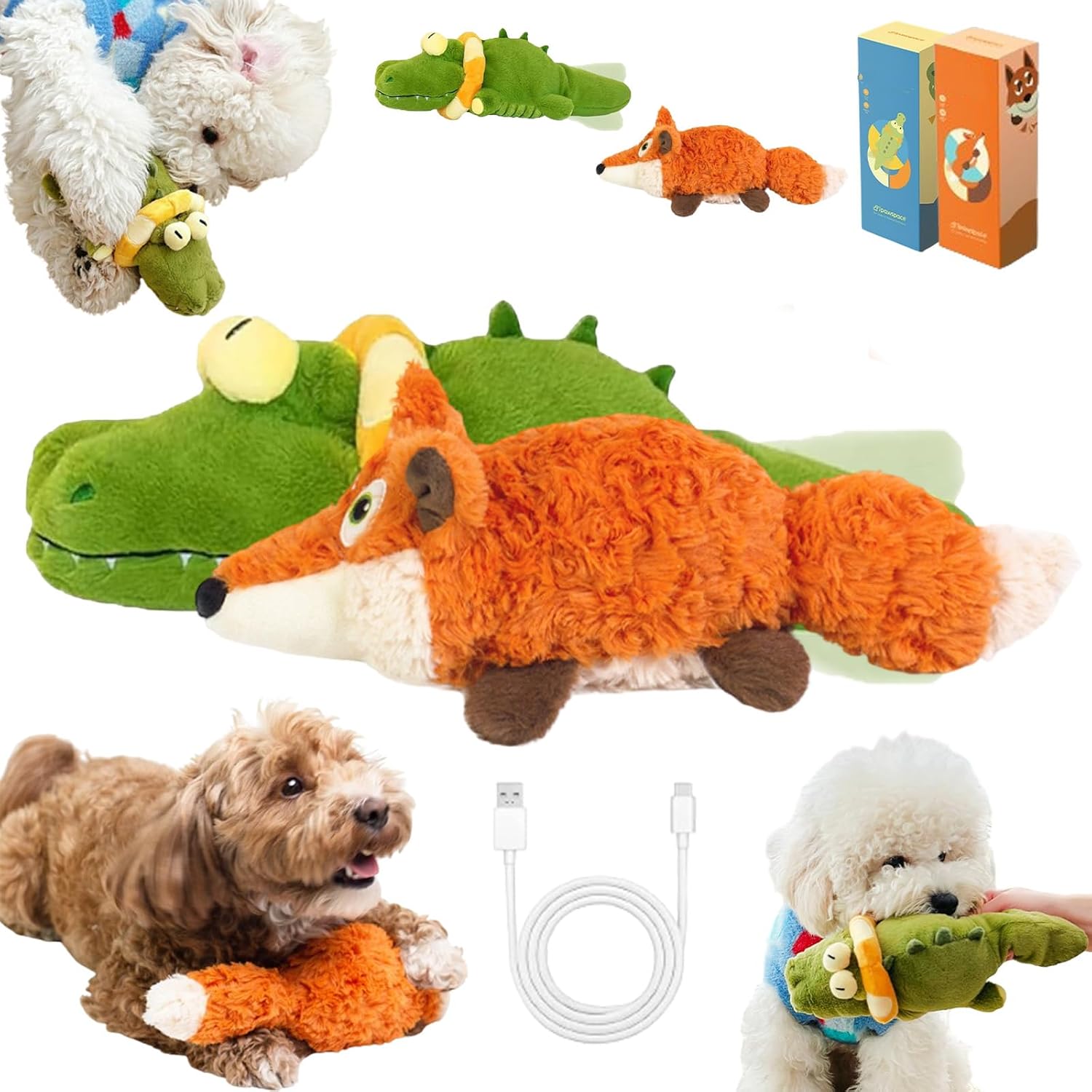 The Mellow Dog - Calming Crocodile Interactive Plush Dog Toy with Automatic Tail Wagging to Keep Them Busy Soft & Washable Safe Chew Toy for Dogs and Cats Crocodile + Fox 2 Pieces