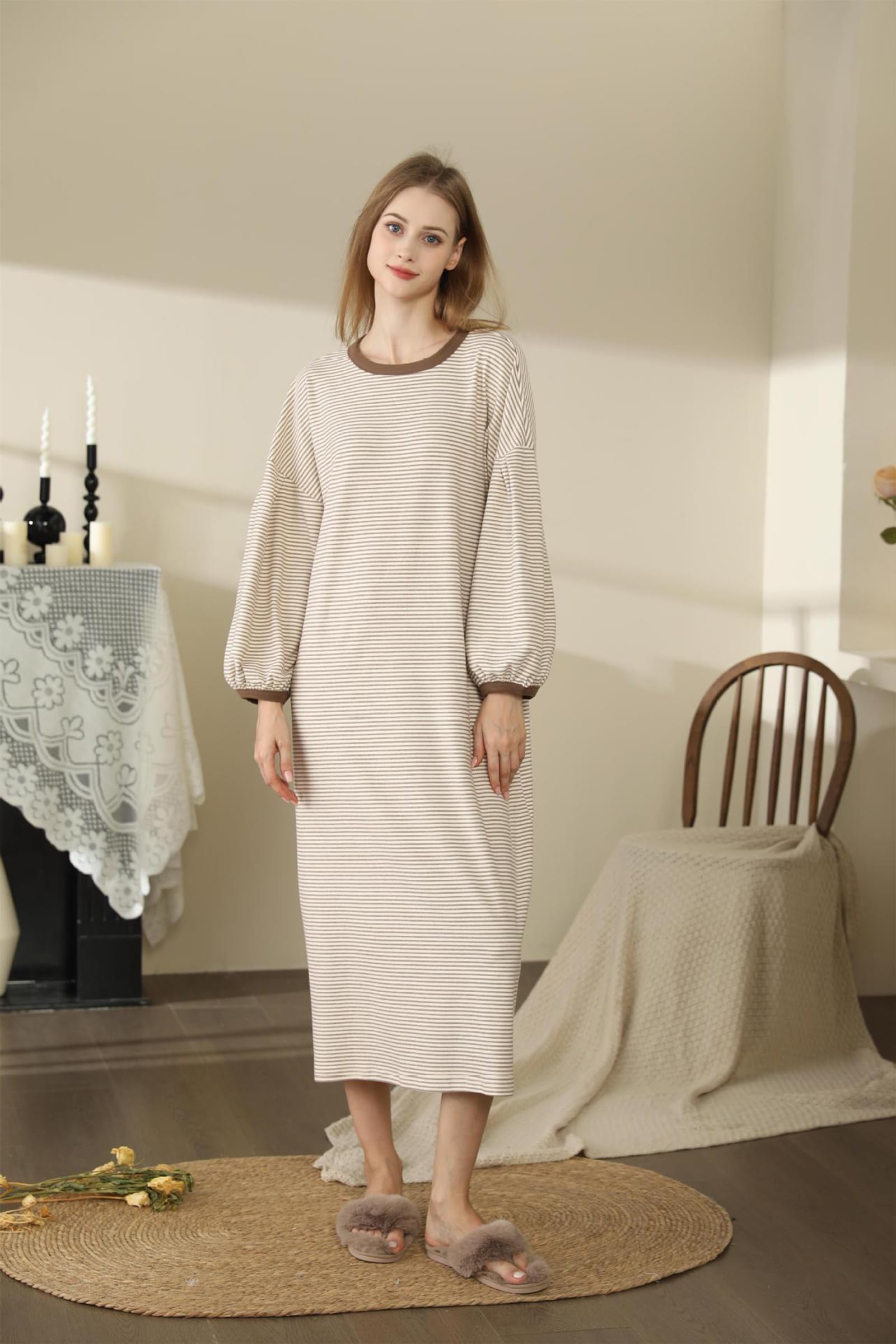 Generic Długie koszule nocne w paski dla kobiet, miękka koszulka nocna z okrągłym dekoltem luźna bielizna nocna Fit Pullover,Curry stripe,One Size