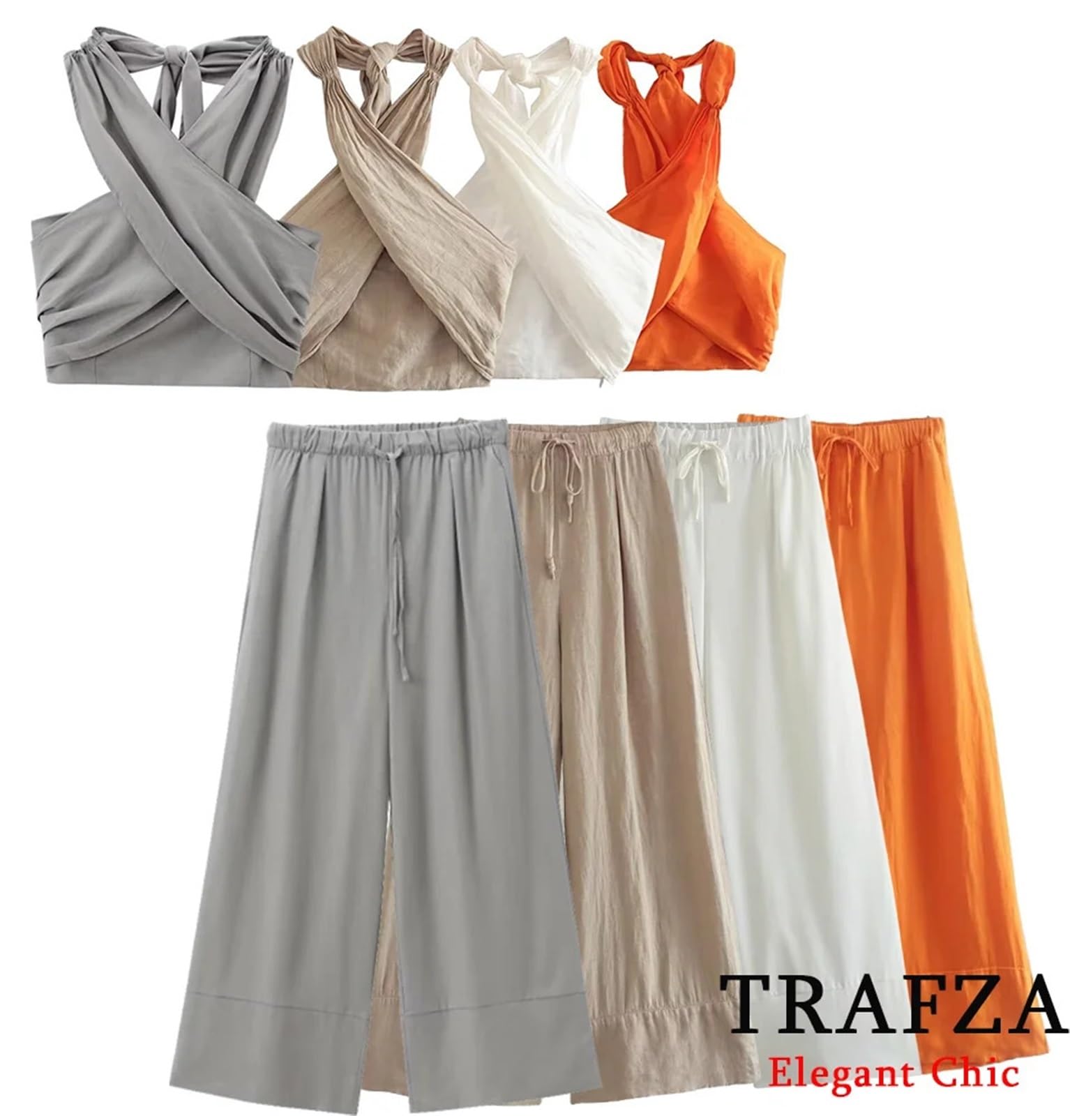 Top con Espalda Cruzada Conjunto de Camisola Cruzada Informal Sexy for Mujer, Conjunto pantalón Playa for Vacaciones Primavera y Verano, Top con Cuello Halter(Gray Set,S)